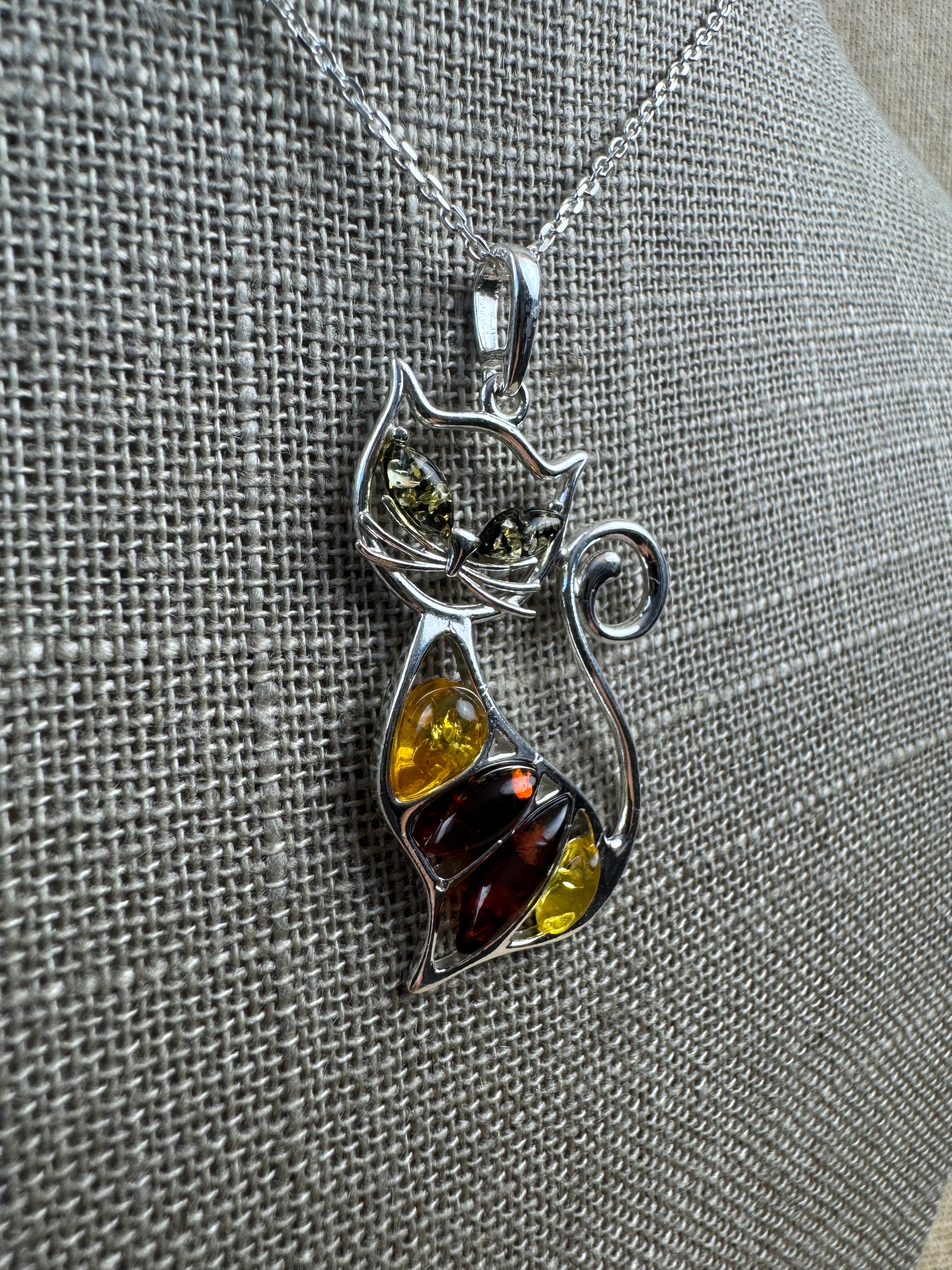Whimsical Sterling Silver Multicolor Baltic Amber Cat Pendant – Cute Kitty Necklace Handmade in Poland