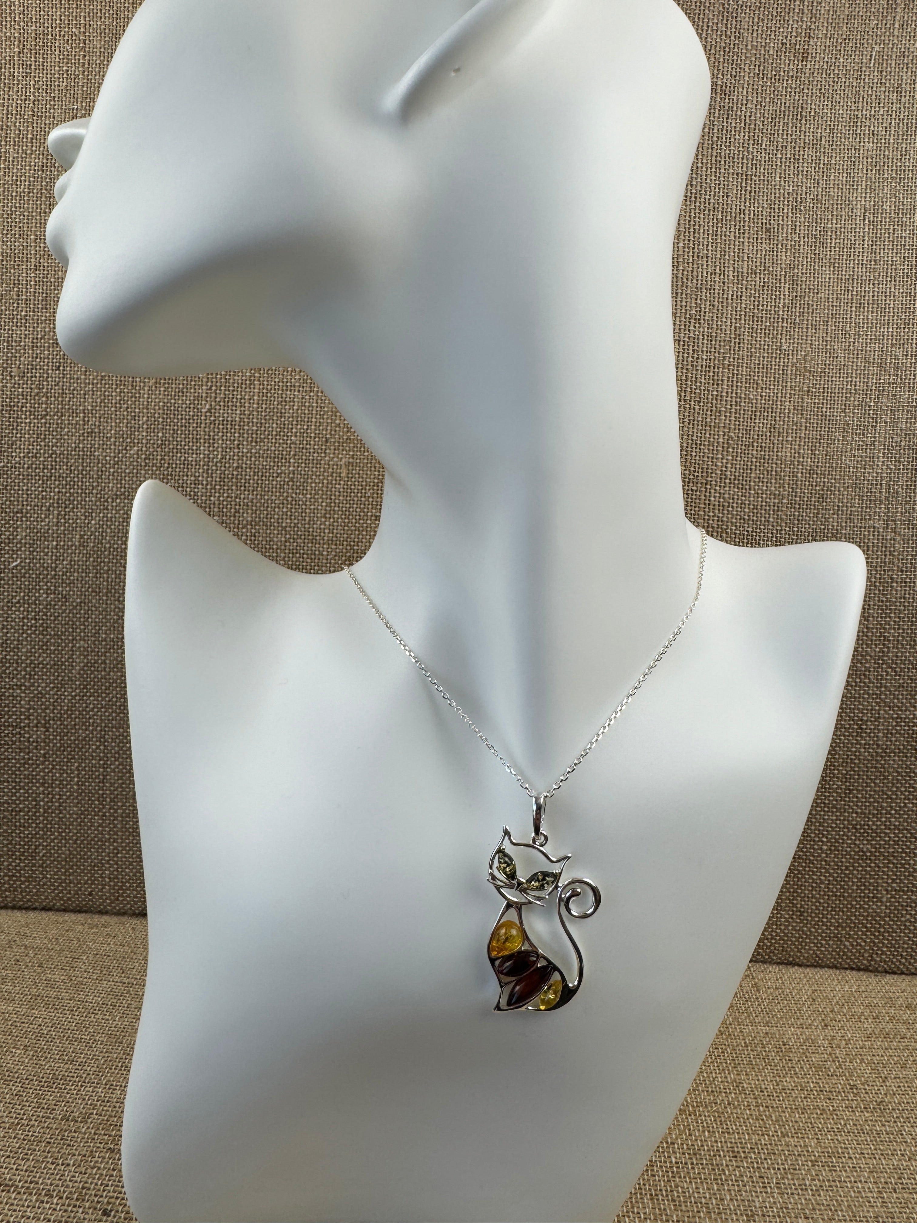 Whimsical Sterling Silver Multicolor Baltic Amber Cat Pendant – Cute Kitty Necklace Handmade in Poland