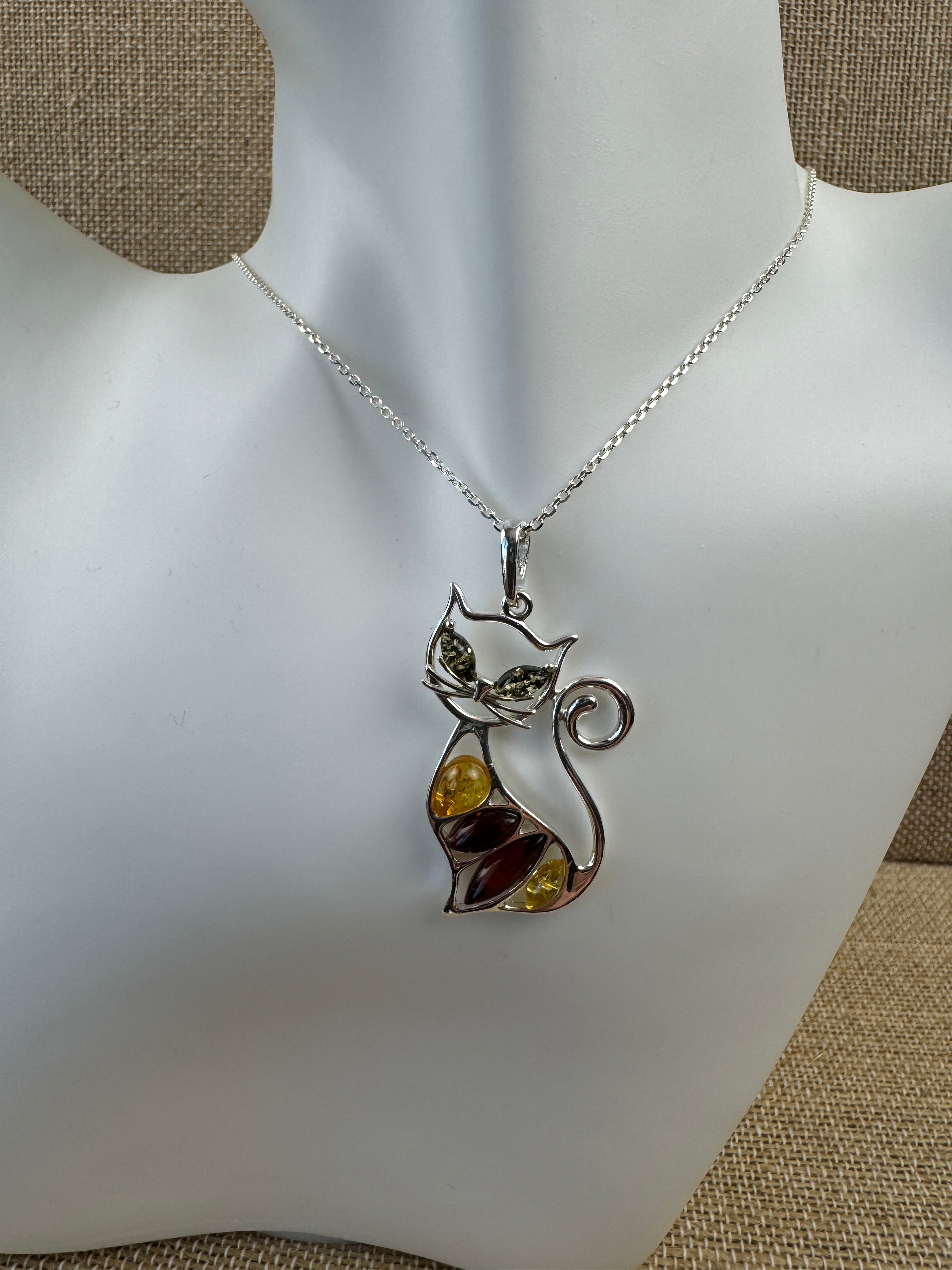 Whimsical Sterling Silver Multicolor Baltic Amber Cat Pendant – Cute Kitty Necklace Handmade in Poland