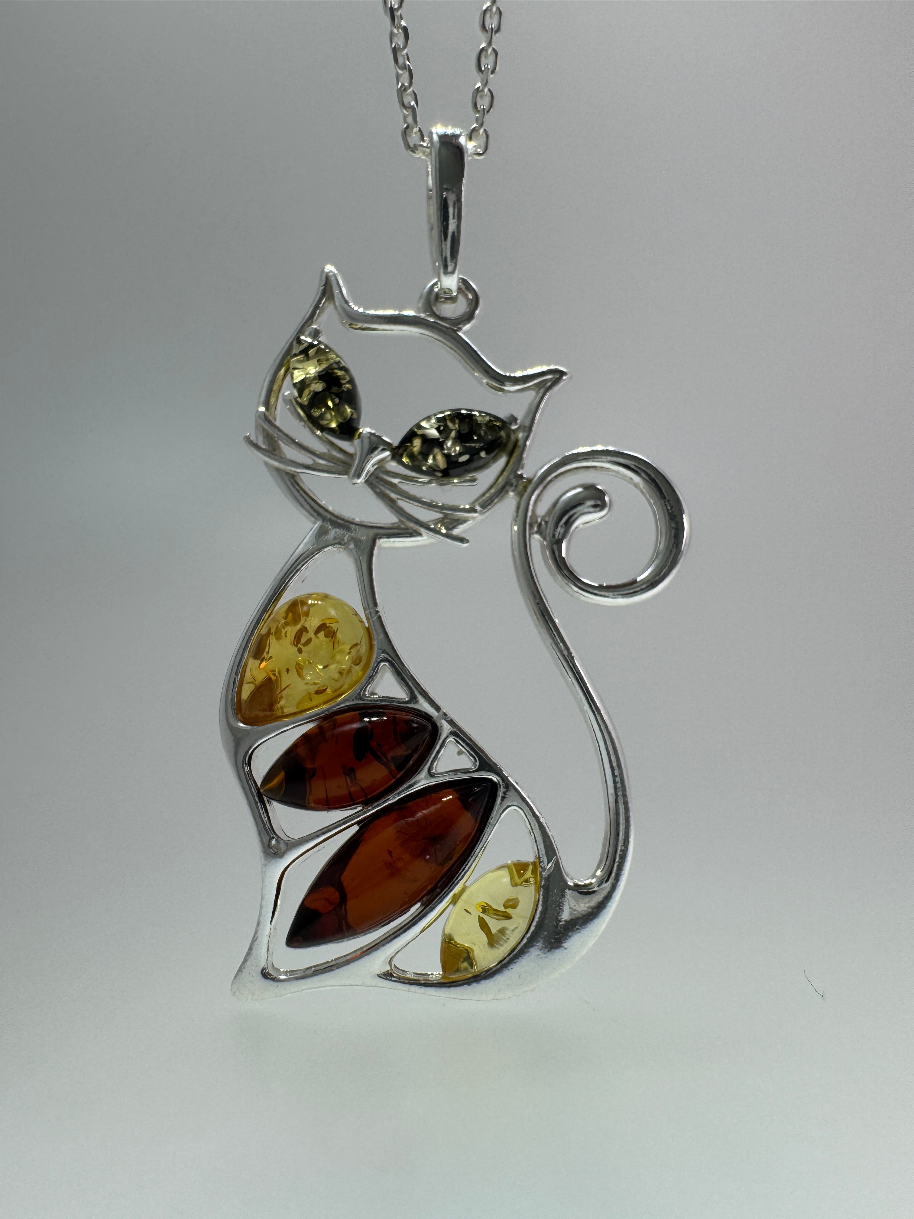 Whimsical Sterling Silver Multicolor Baltic Amber Cat Pendant – Cute Kitty Necklace Handmade in Poland