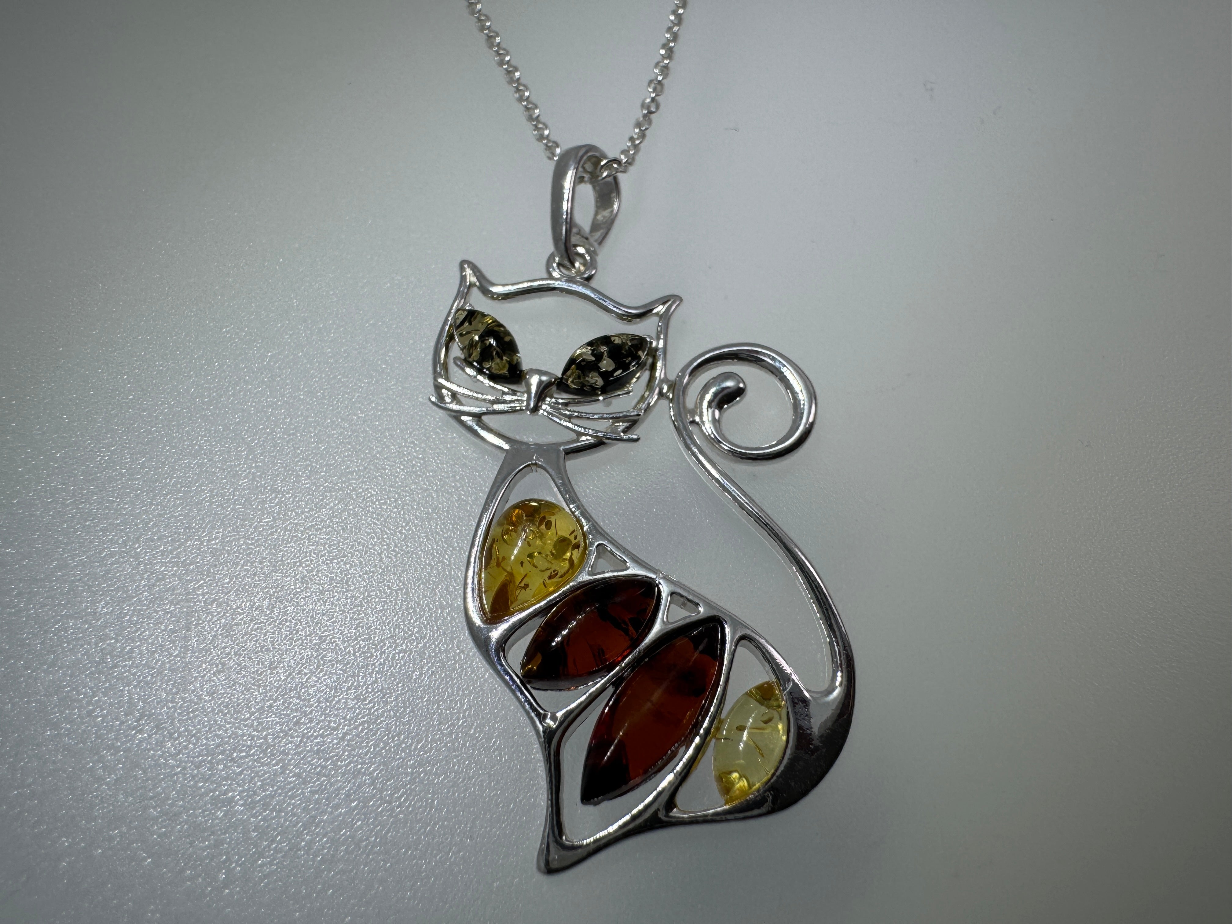 Whimsical Sterling Silver Multicolor Baltic Amber Cat Pendant – Cute Kitty Necklace Handmade in Poland