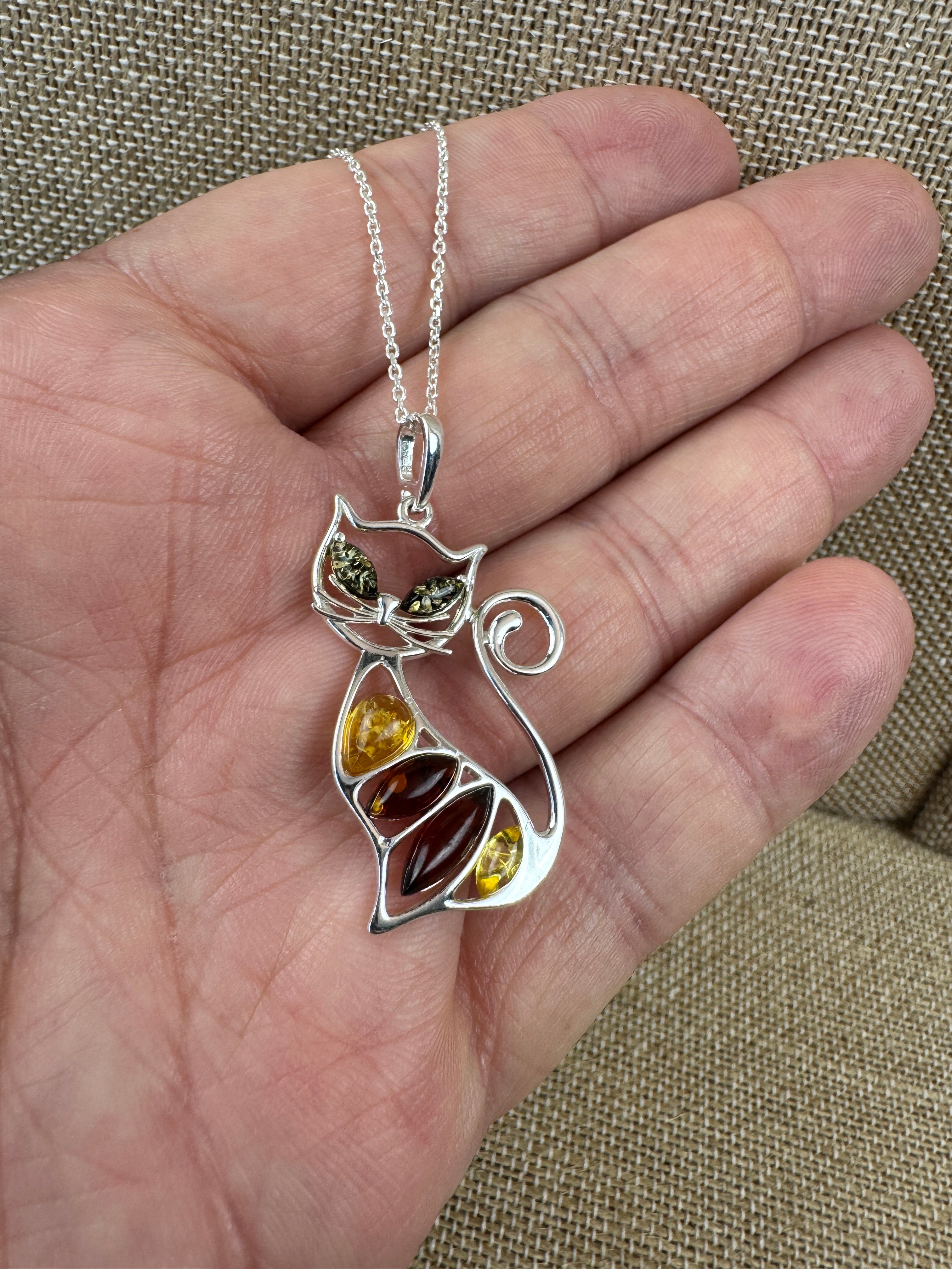 Whimsical Sterling Silver Multicolor Baltic Amber Cat Pendant – Cute Kitty Necklace Handmade in Poland
