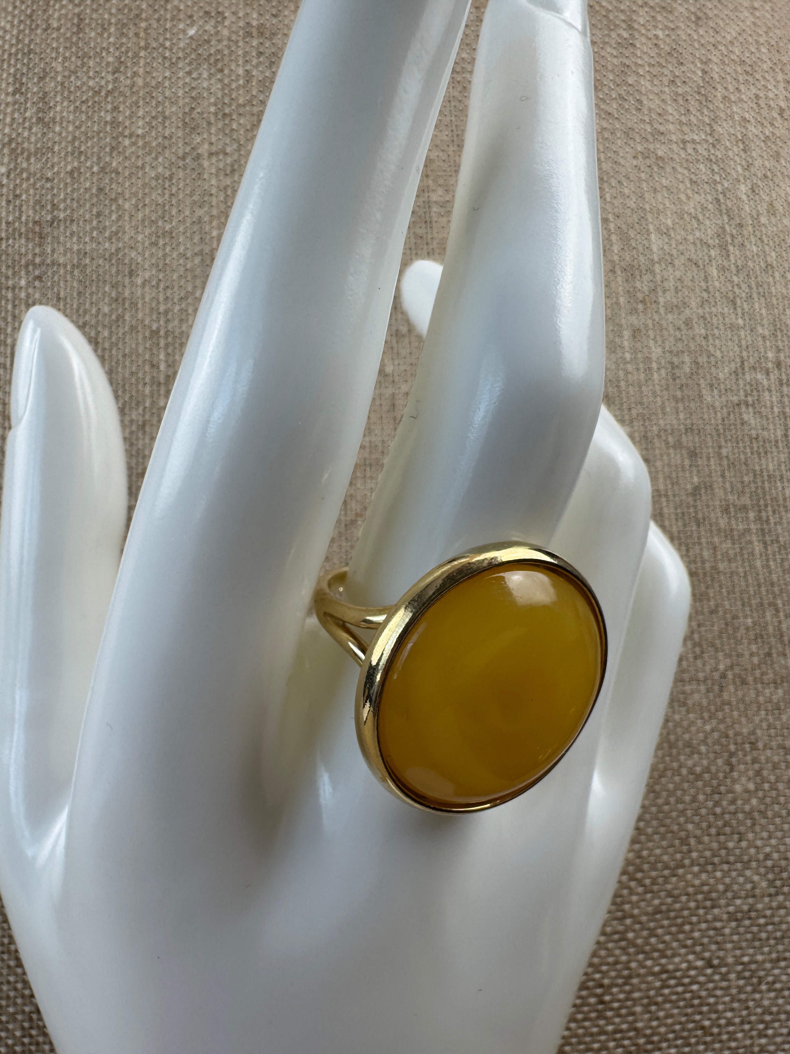 Unique Round Yellow Butterscotch Baltic Amber Adjustable Ring in Gold Plated Sterling Silver – Handmade in Poland