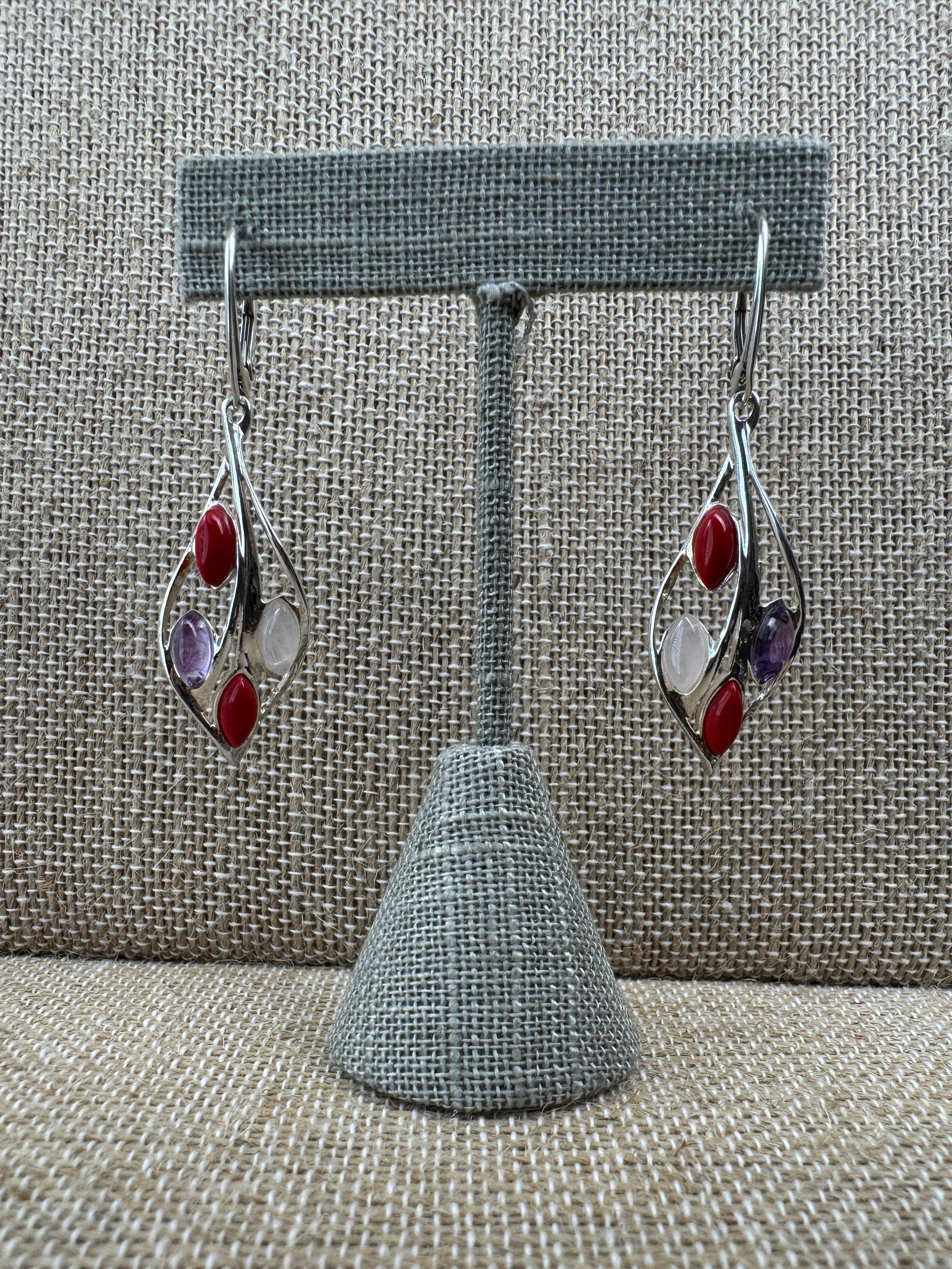 Multicolor Sterling Silver Drop Leverback Earrings – Coral, Rose Quartz &amp; Amethyst – Handmade in Poland