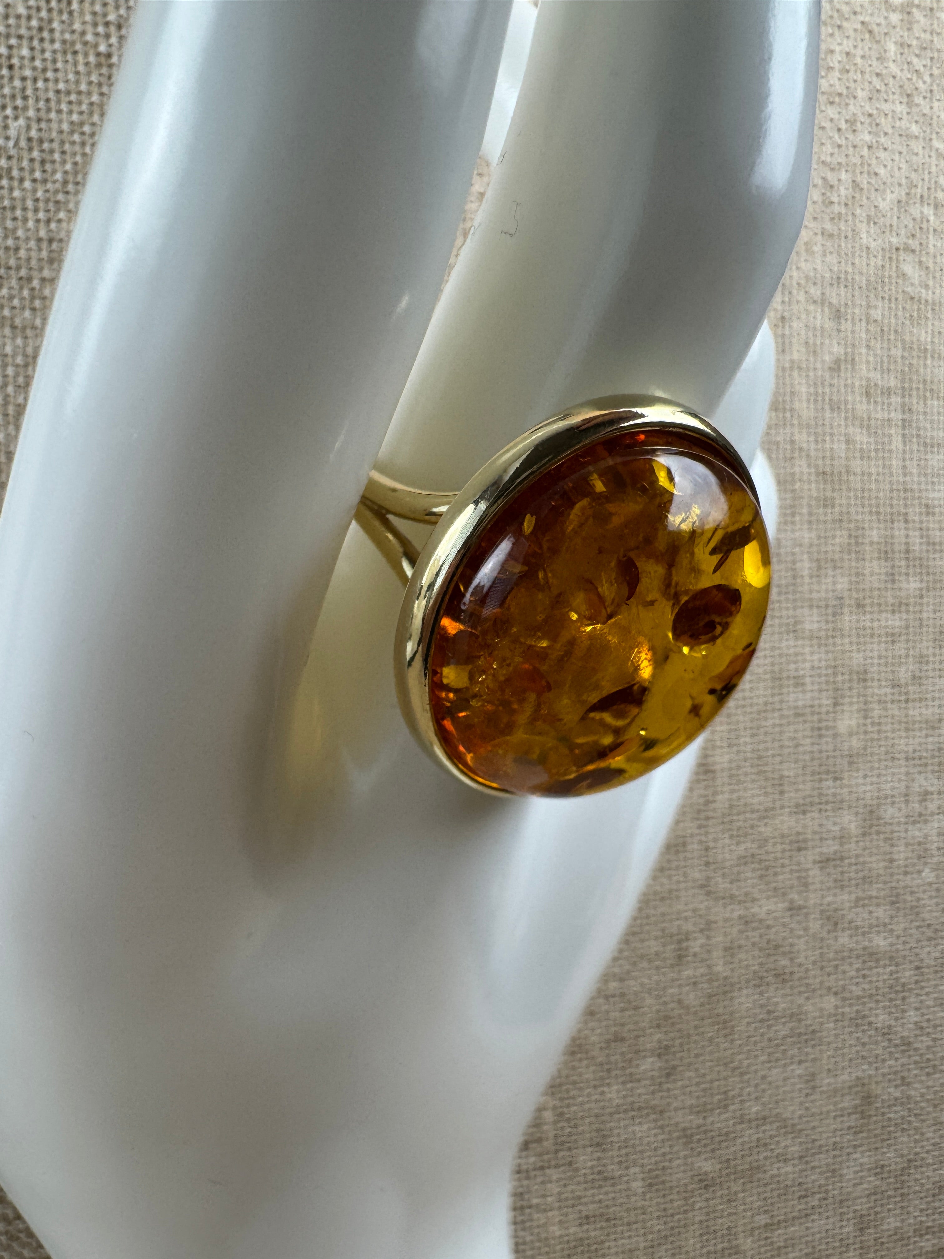 Open Shank Adjustable Gold Plated Sterling Silver Baltic Amber Ring – Cognac Cabochon Handmade in Poland
