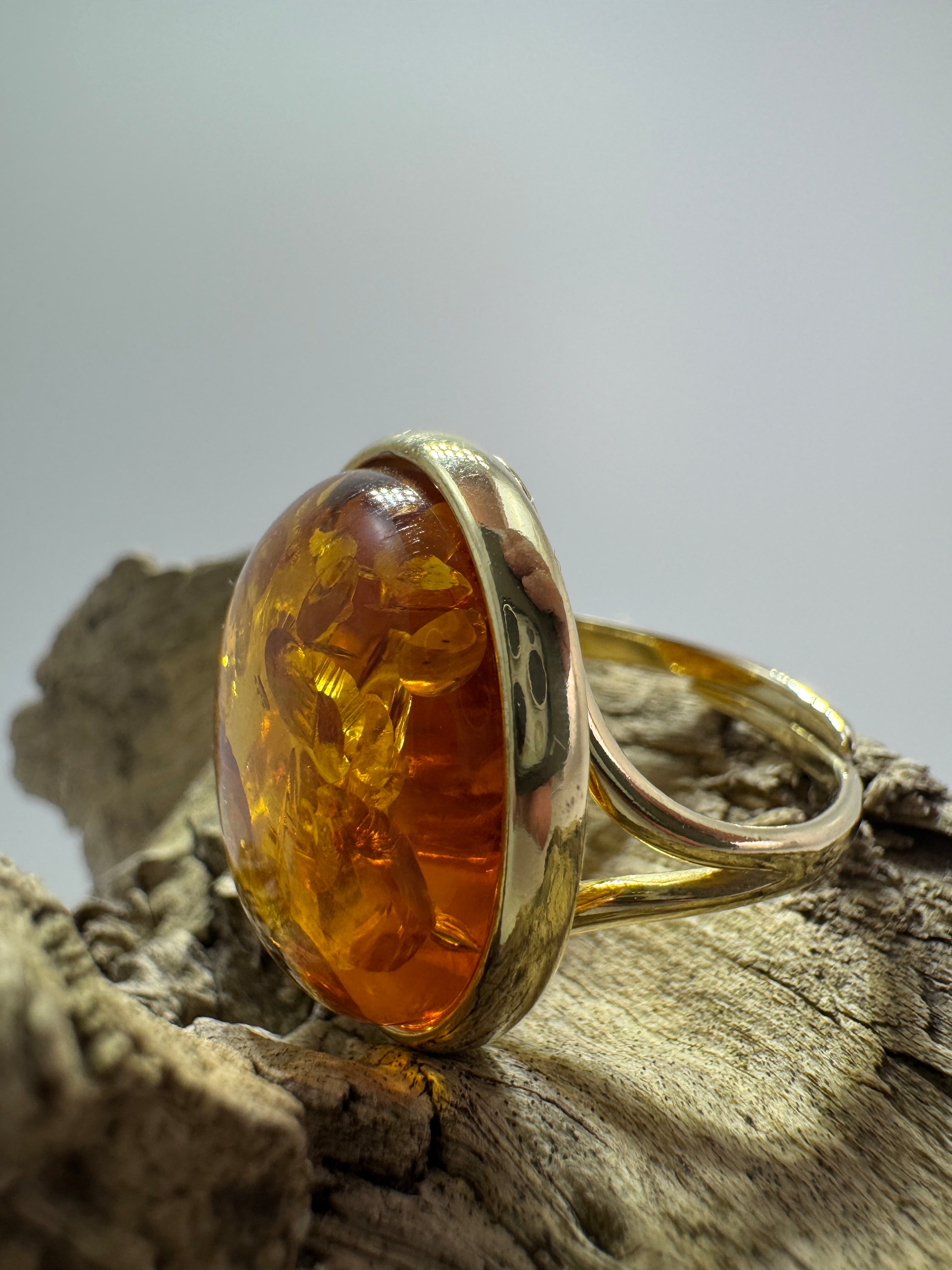 Open Shank Adjustable Gold Plated Sterling Silver Baltic Amber Ring – Cognac Cabochon Handmade in Poland