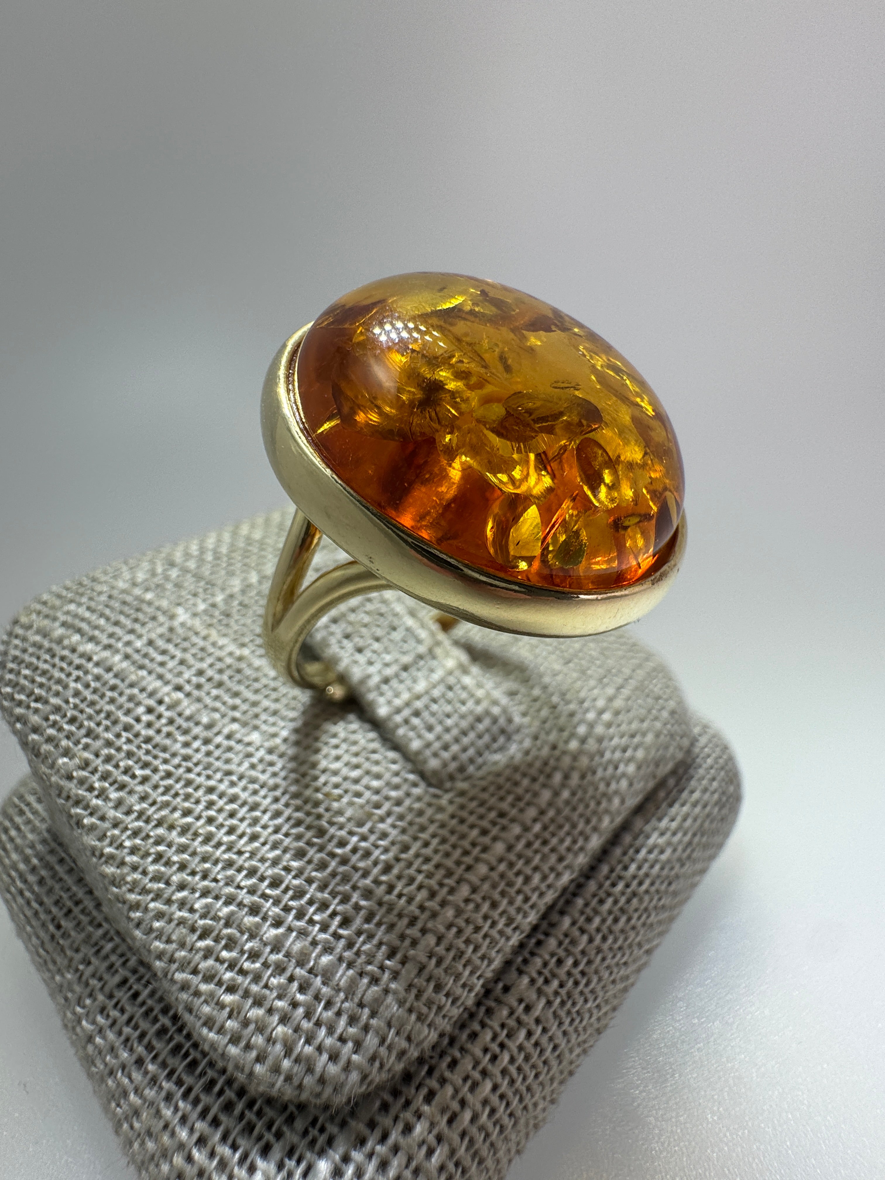 Open Shank Adjustable Gold Plated Sterling Silver Baltic Amber Ring – Cognac Cabochon Handmade in Poland
