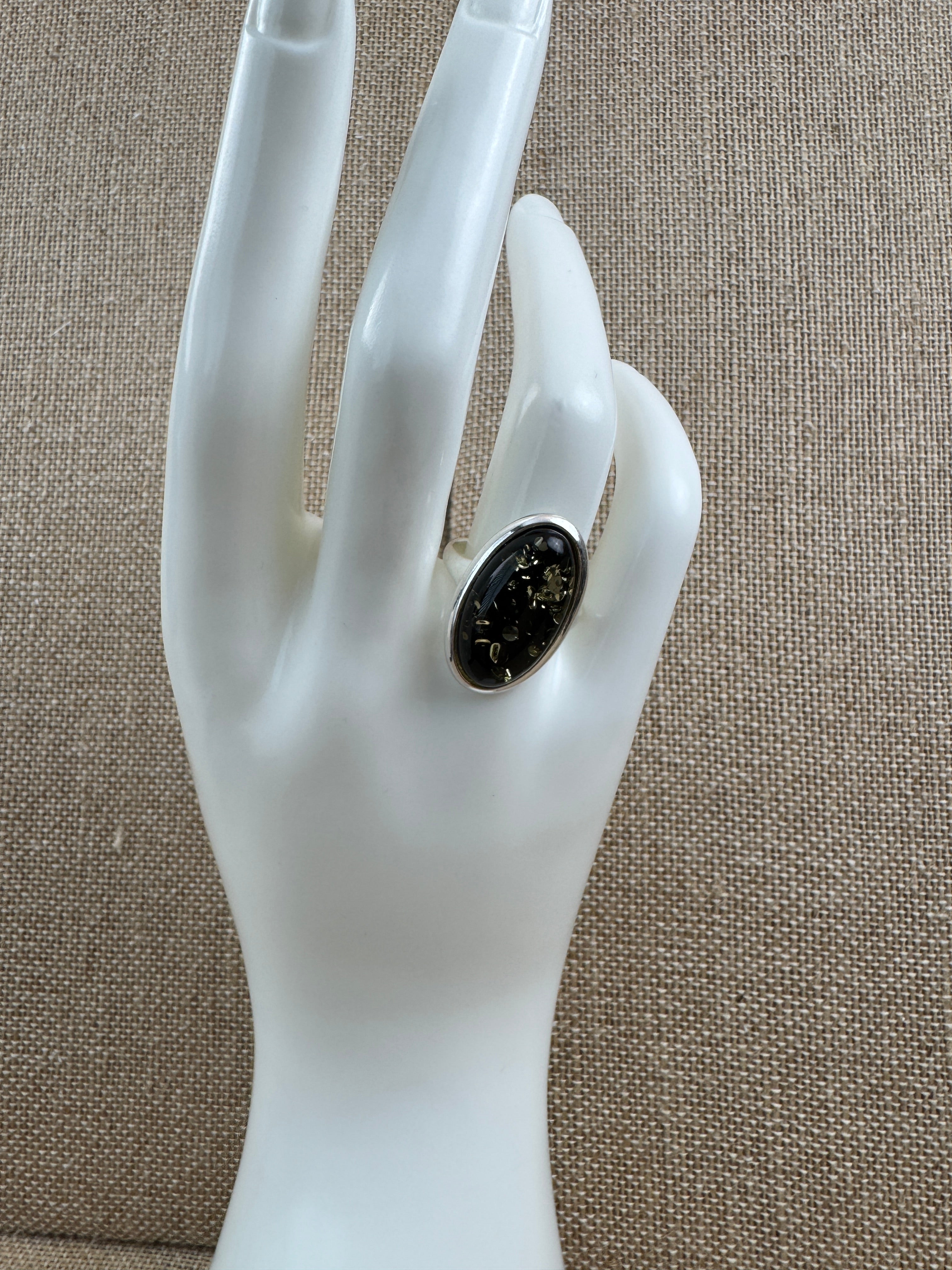 Classic Baltic Amber Ring in Sterling Silver – Oval Cabochon Honey or Green, Handmade in Poland