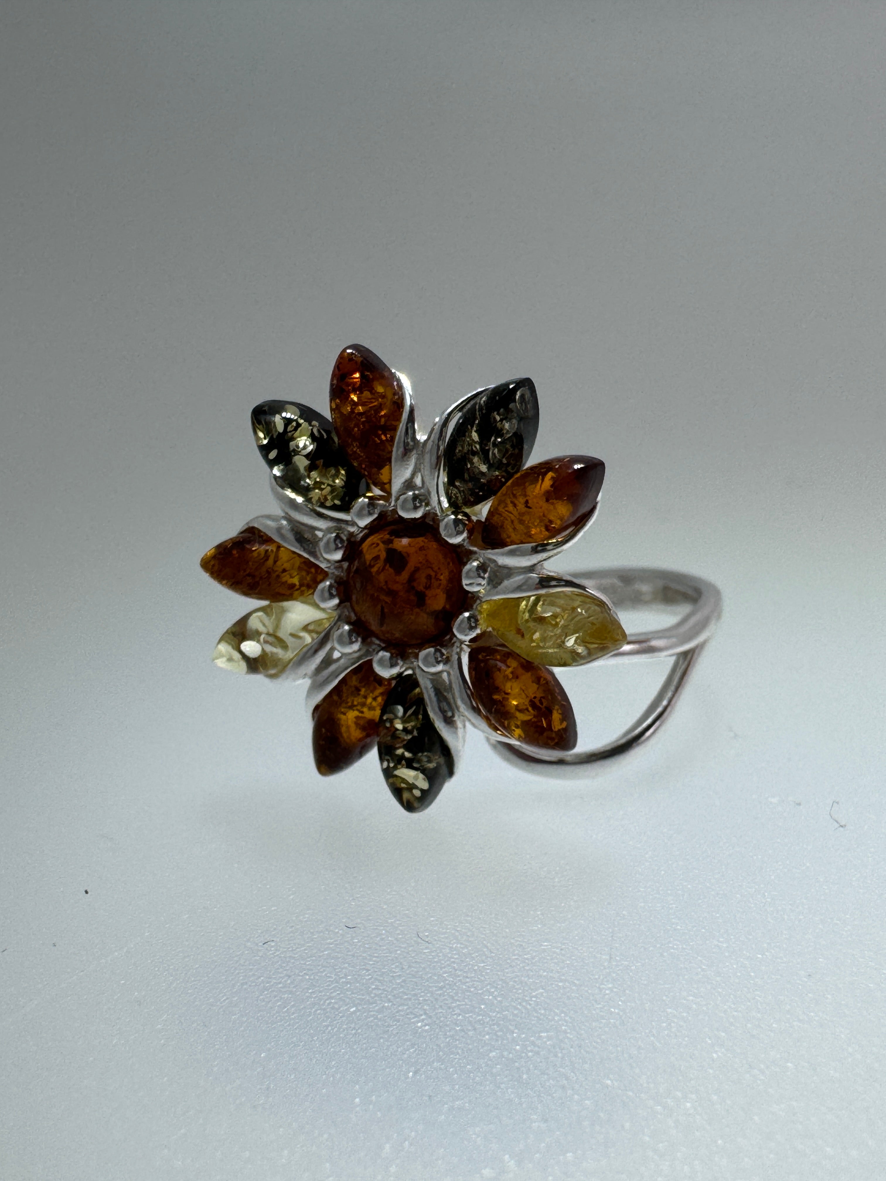 Honey Green Lemon Multicolor Baltic Amber Star Flower Ring in Sterling Silver – Adjustable Size Handmade in Poland