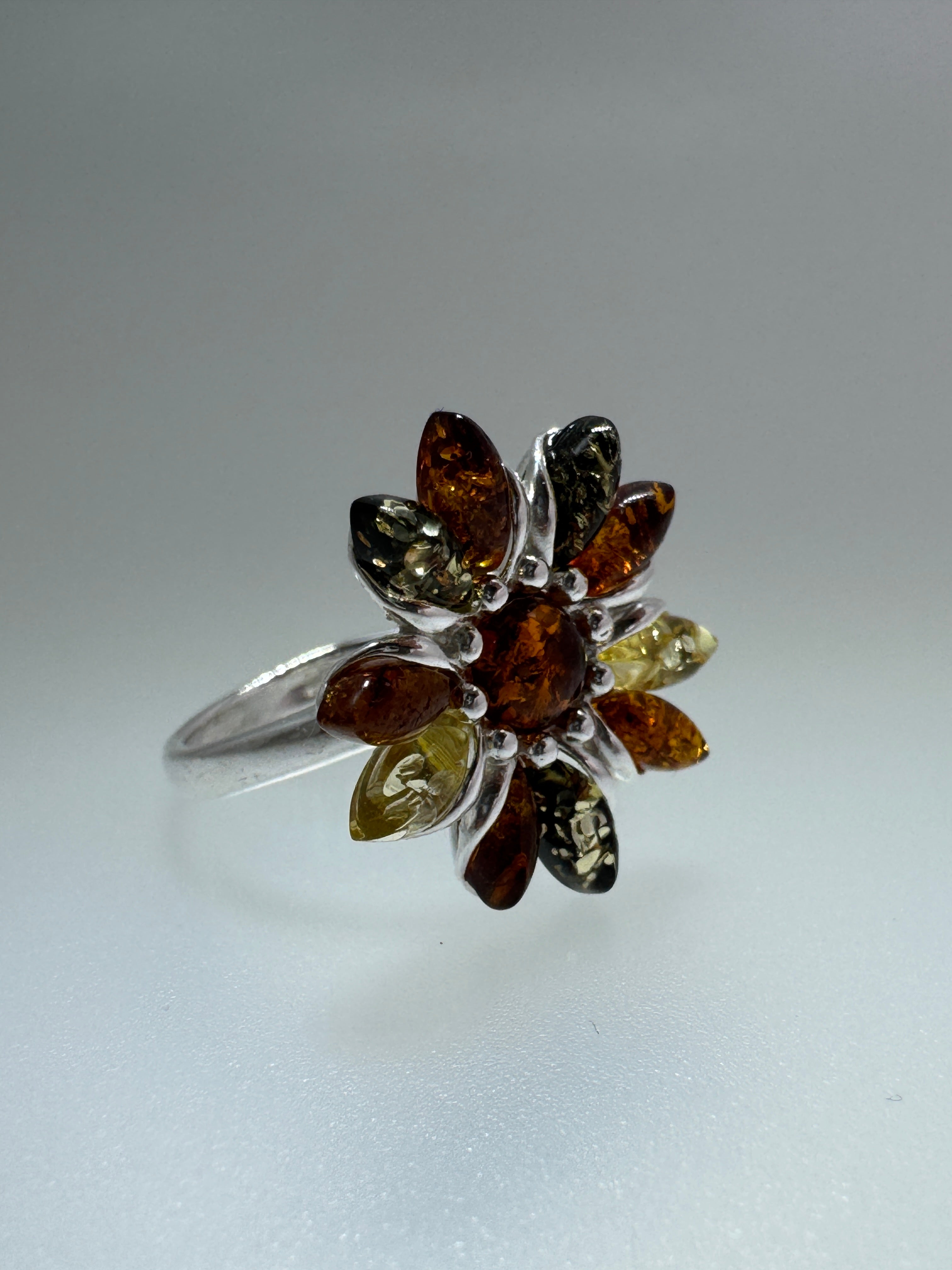 Honey Green Lemon Multicolor Baltic Amber Star Flower Ring in Sterling Silver – Adjustable Size Handmade in Poland