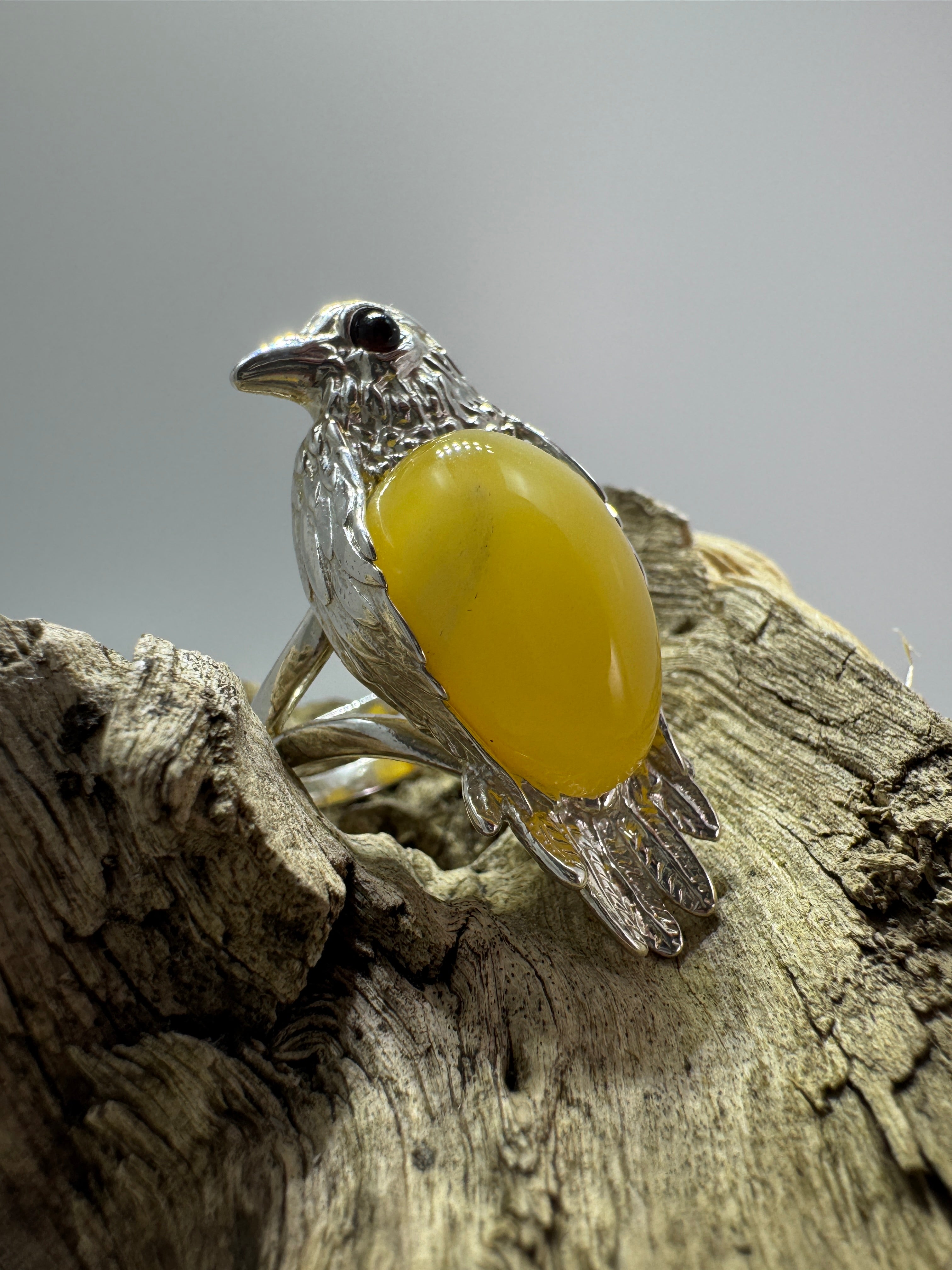 Sterling Silver Butterscotch Baltic Amber Bird Ring – One-of-a-Kind Adjustable Handmade in Poland