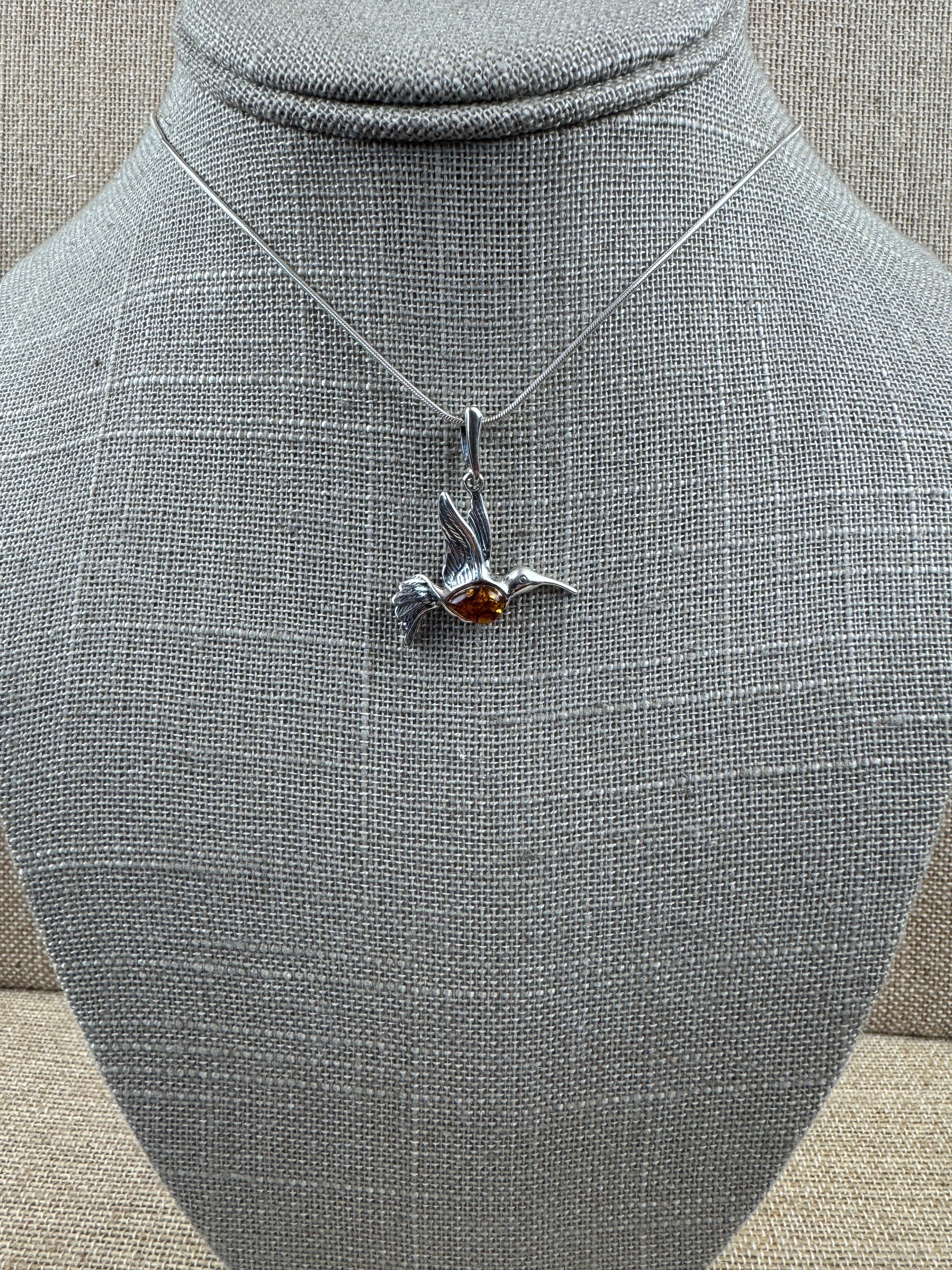 Sterling Silver Hummingbird Pendant with Honey Baltic Amber | Handmade in Poland | Matching Earrings Available