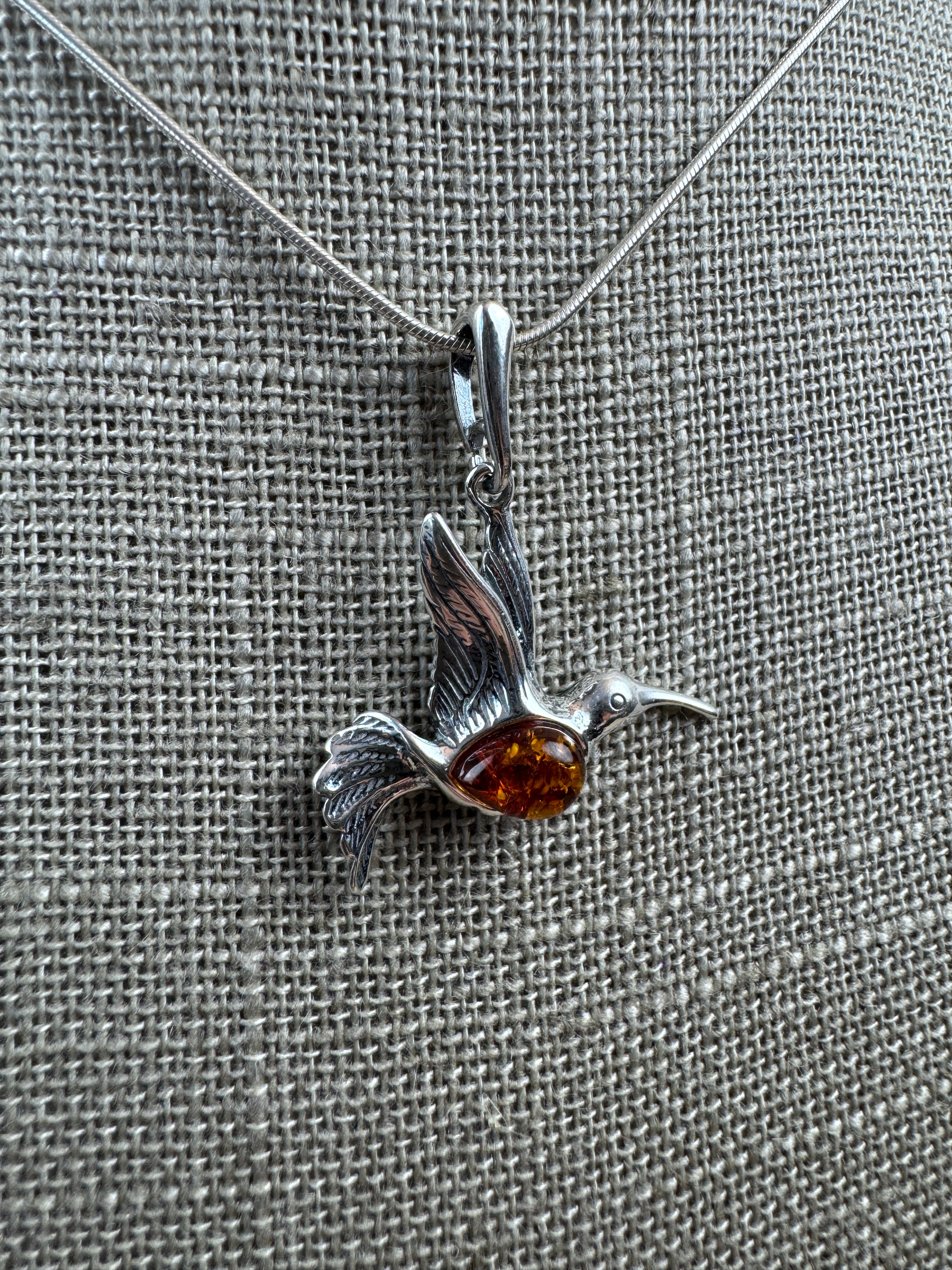 Sterling Silver Hummingbird Pendant with Honey Baltic Amber | Handmade in Poland | Matching Earrings Available