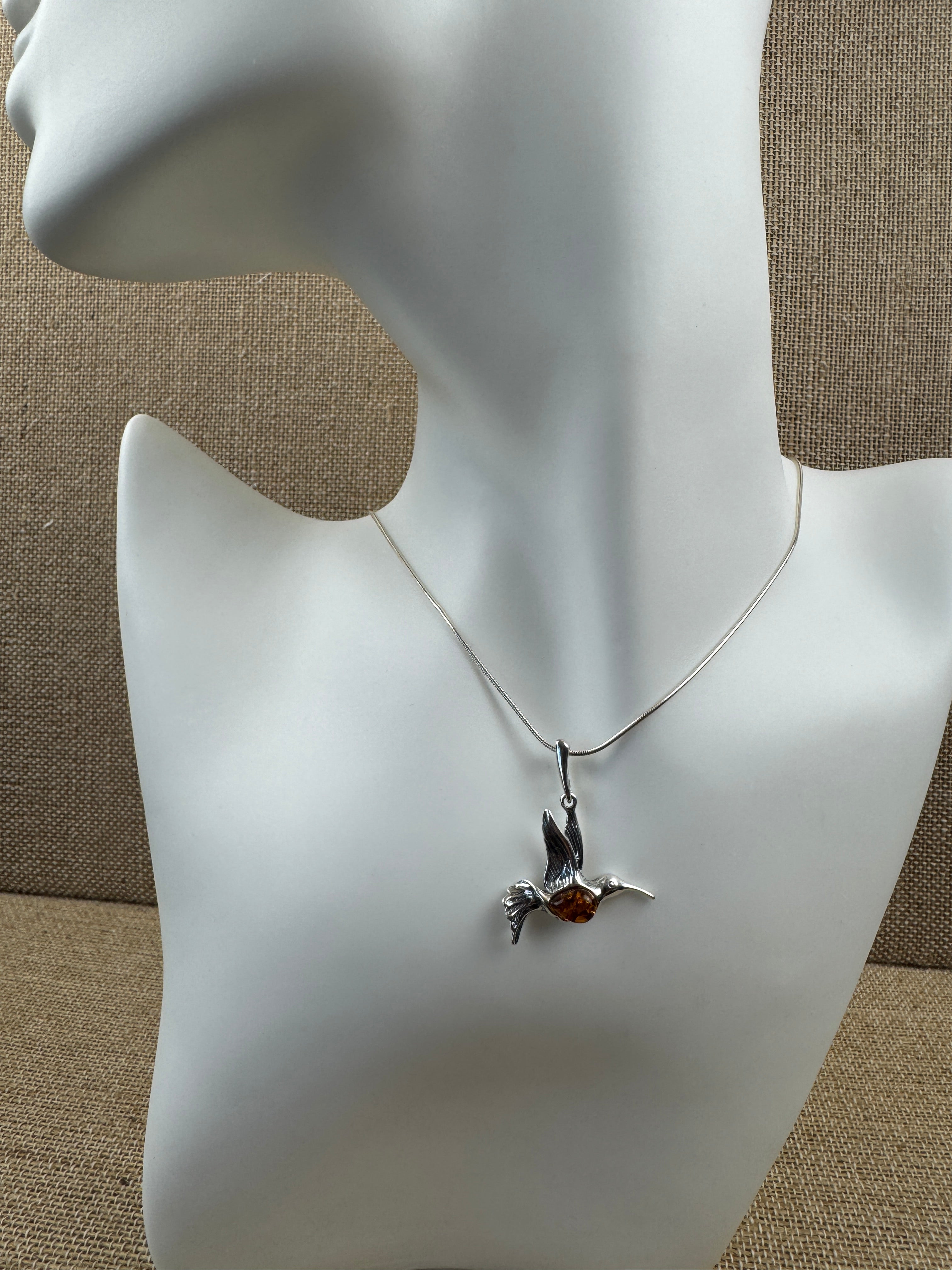 Sterling Silver Hummingbird Pendant with Honey Baltic Amber | Handmade in Poland | Matching Earrings Available
