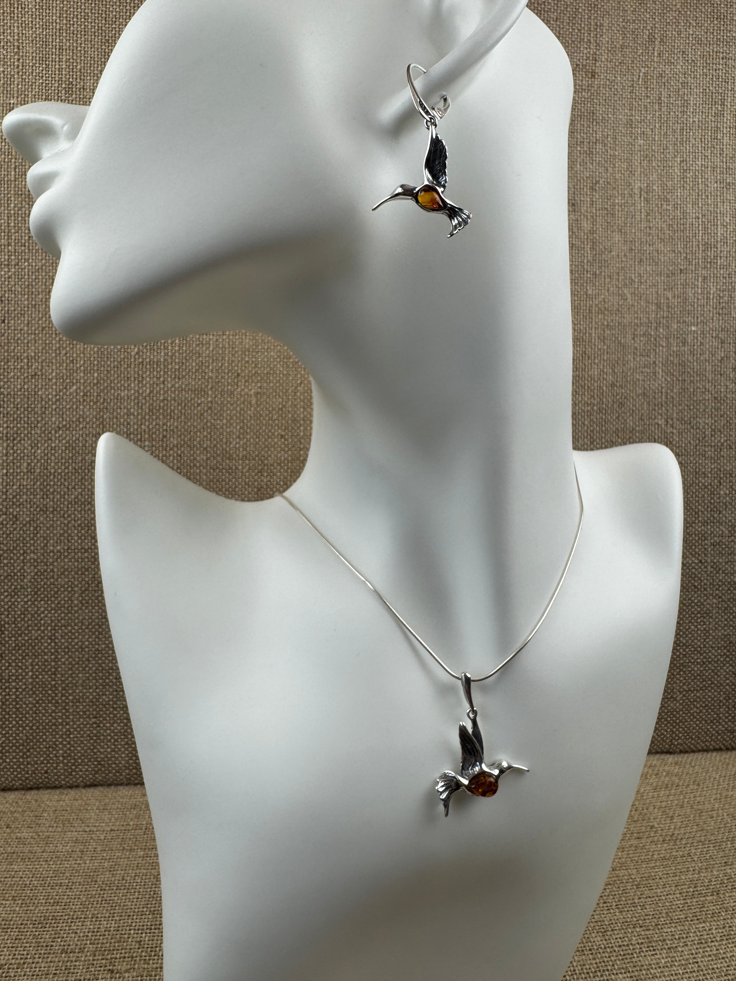 Sterling Silver Hummingbird Pendant with Honey Baltic Amber | Handmade in Poland | Matching Earrings Available