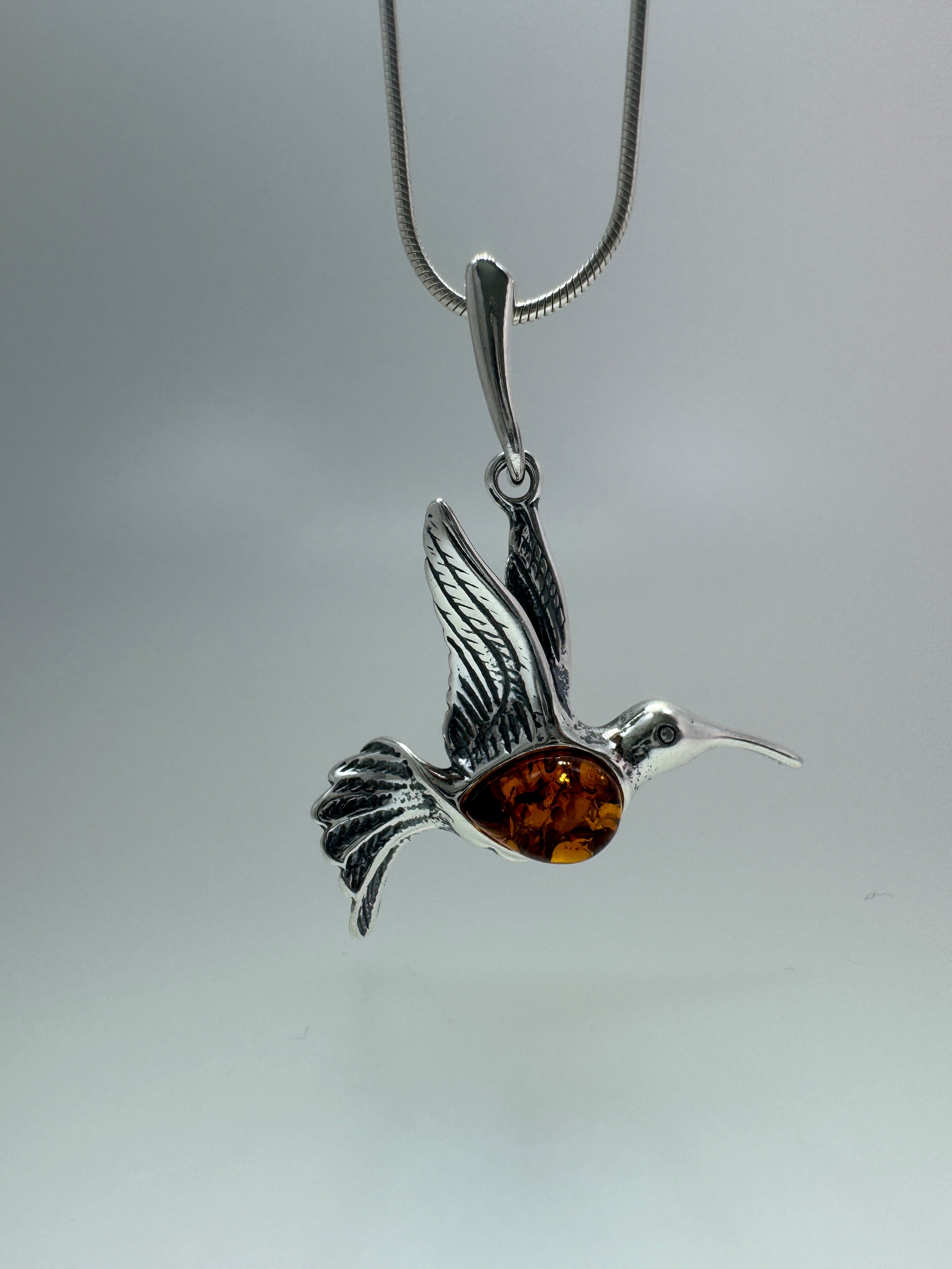 Sterling Silver Hummingbird Pendant with Honey Baltic Amber | Handmade in Poland | Matching Earrings Available