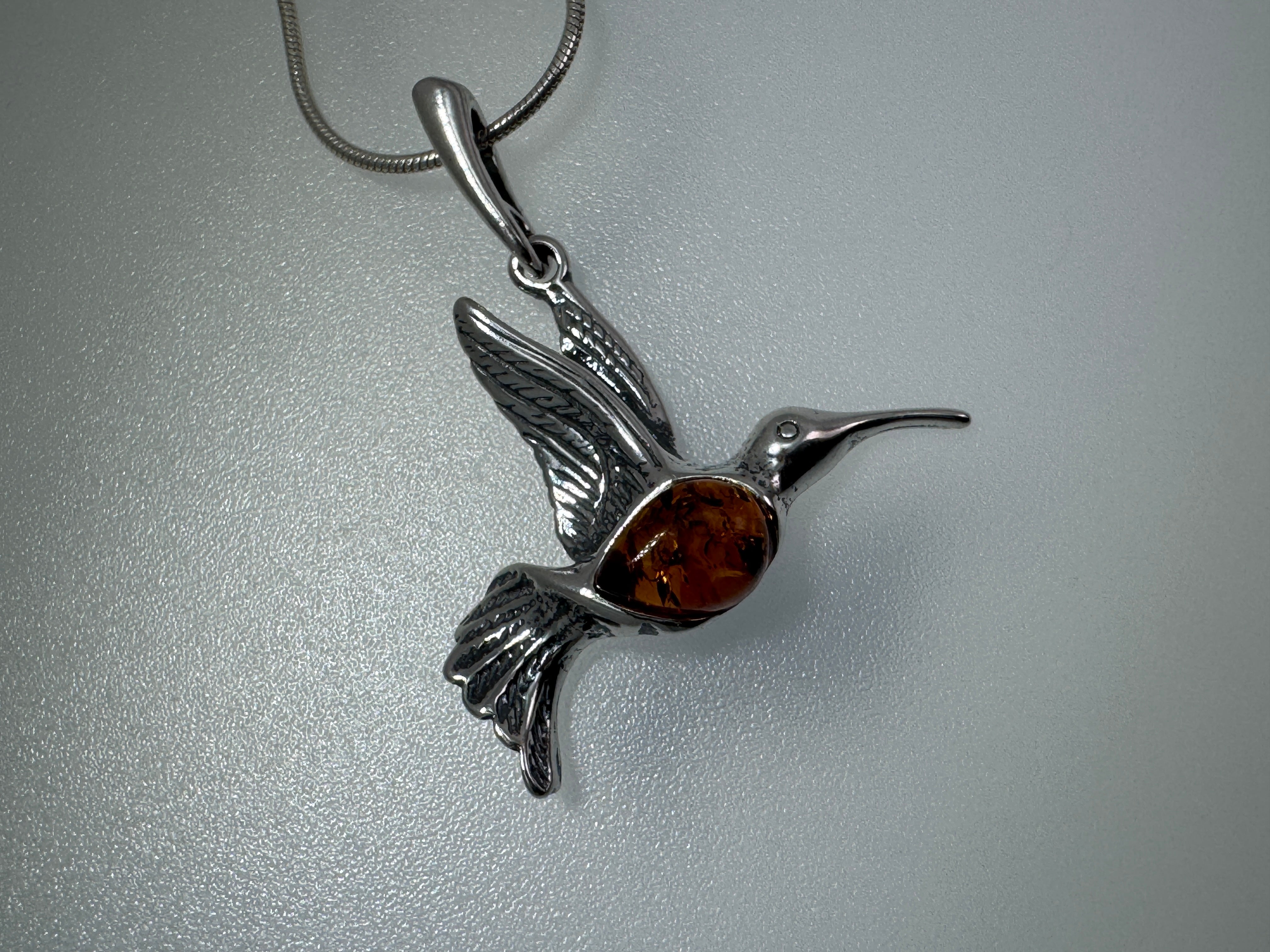 Sterling Silver Hummingbird Pendant with Honey Baltic Amber | Handmade in Poland | Matching Earrings Available