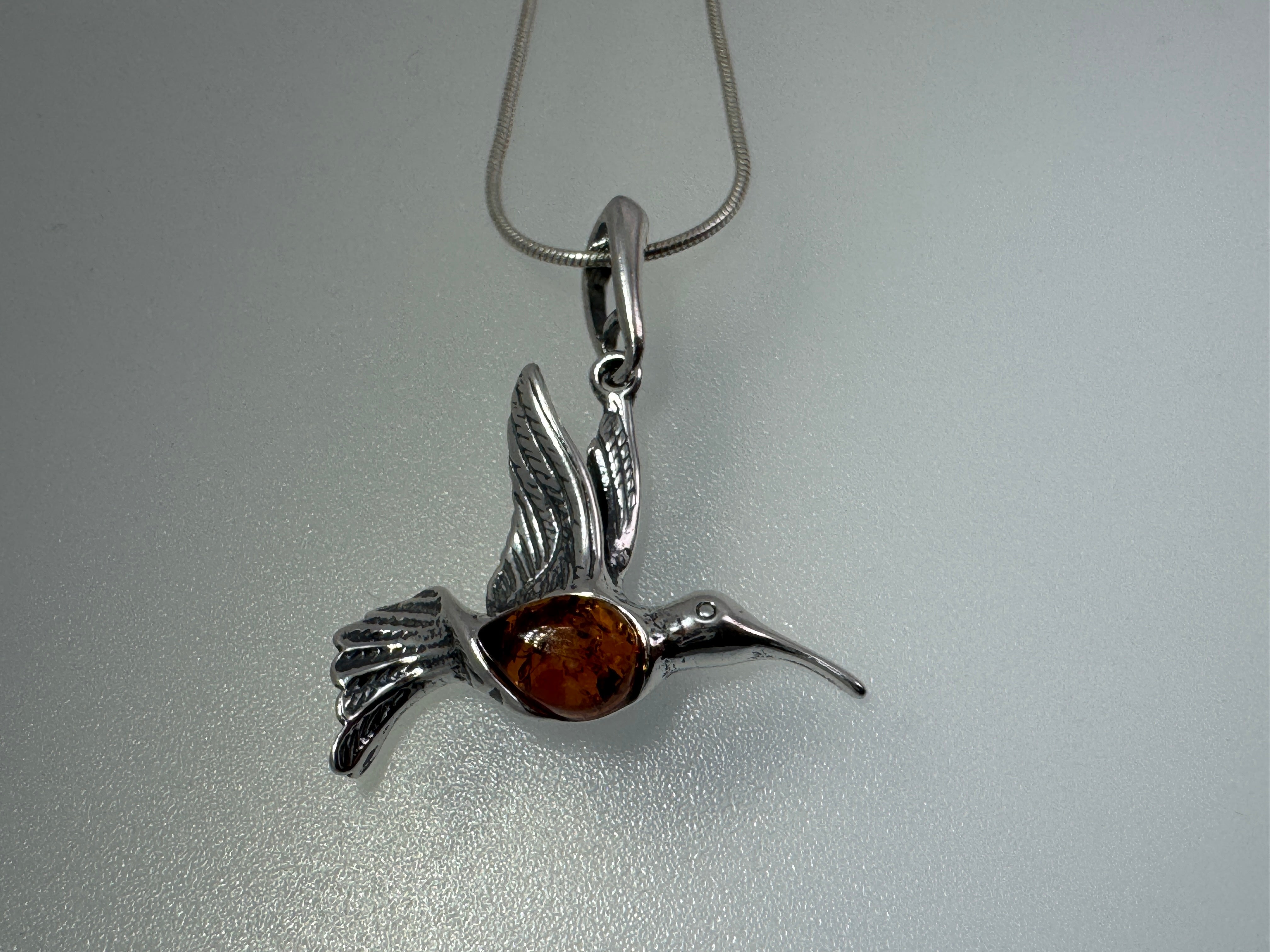 Sterling Silver Hummingbird Pendant with Honey Baltic Amber | Handmade in Poland | Matching Earrings Available