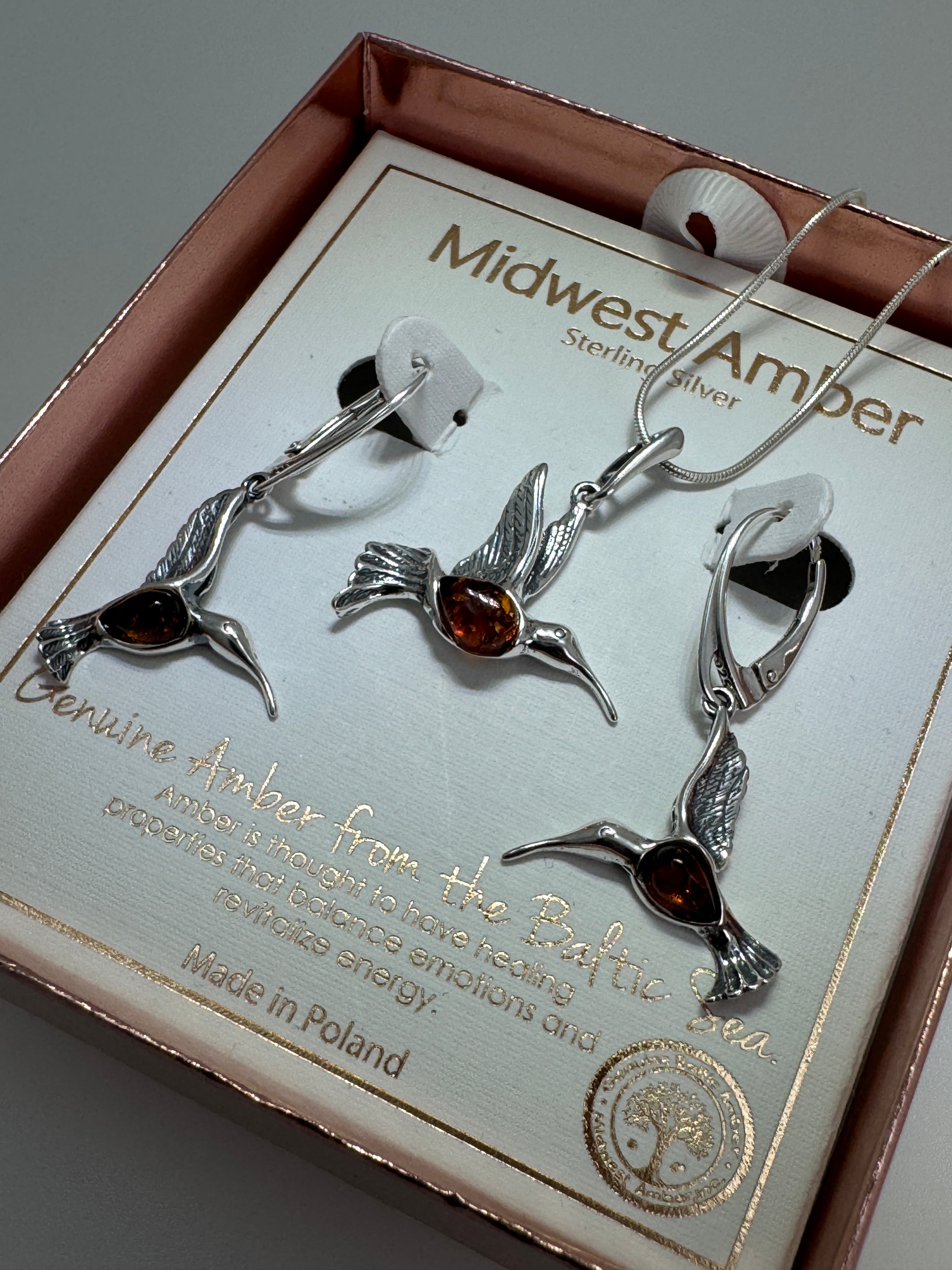 Sterling Silver Hummingbird Pendant with Honey Baltic Amber | Handmade in Poland | Matching Earrings Available