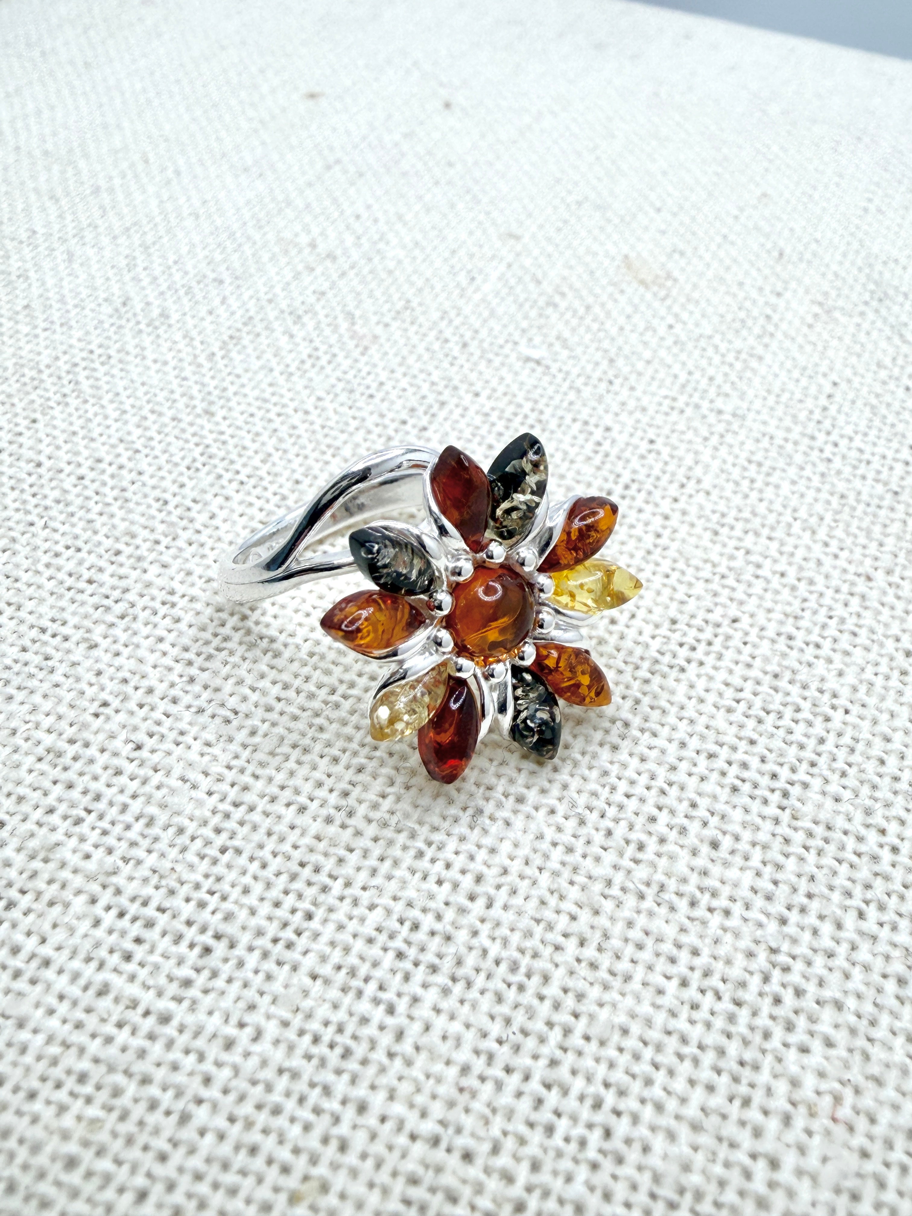 Honey Green Lemon Multicolor Baltic Amber Star Flower Ring in Sterling Silver – Adjustable Size Handmade in Poland