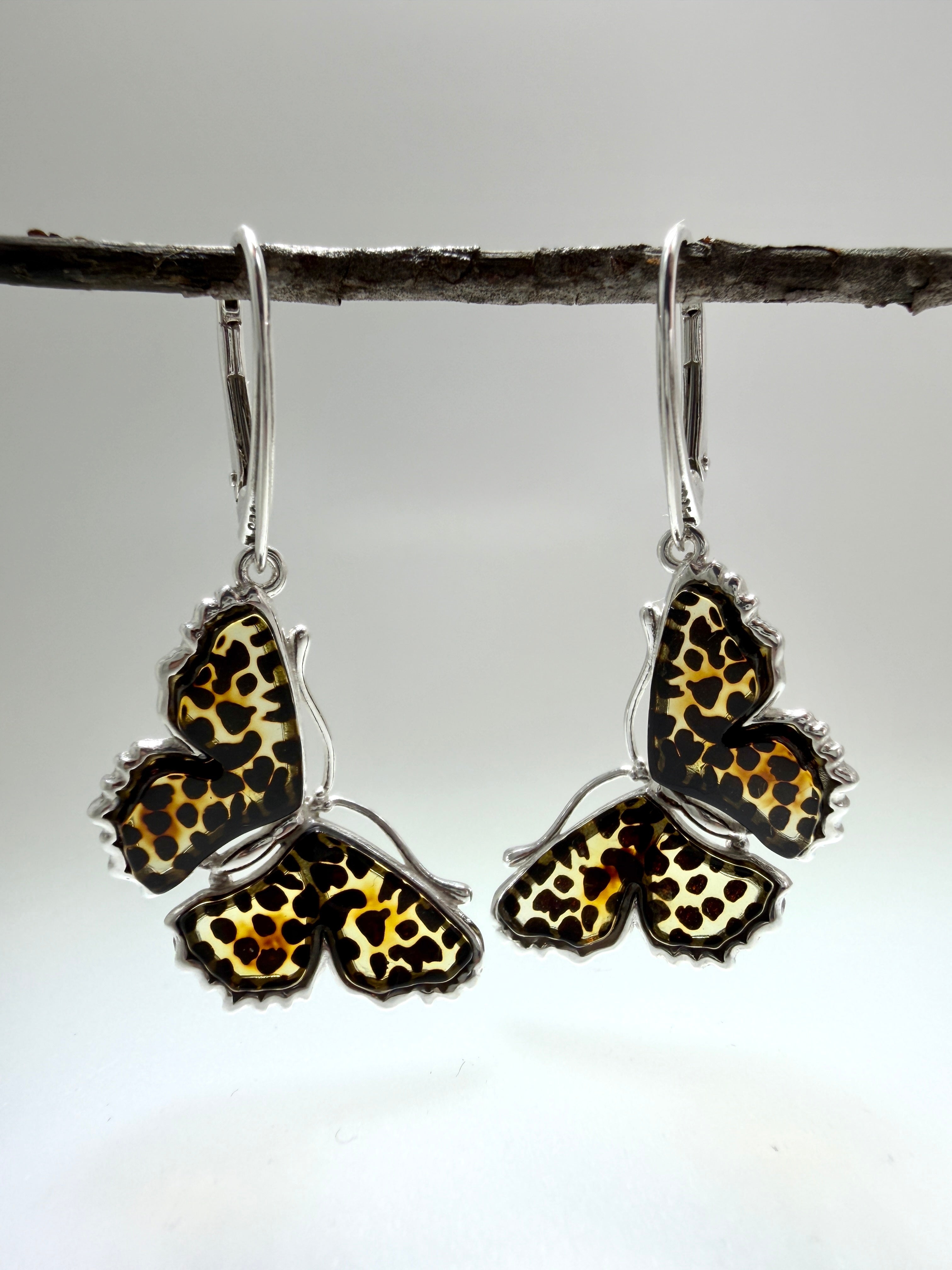 Sterling Silver Baltic Amber Butterfly Pendant | Hand-Etched Wings | Snake Chain | Handmade in Poland | Matching Earrings