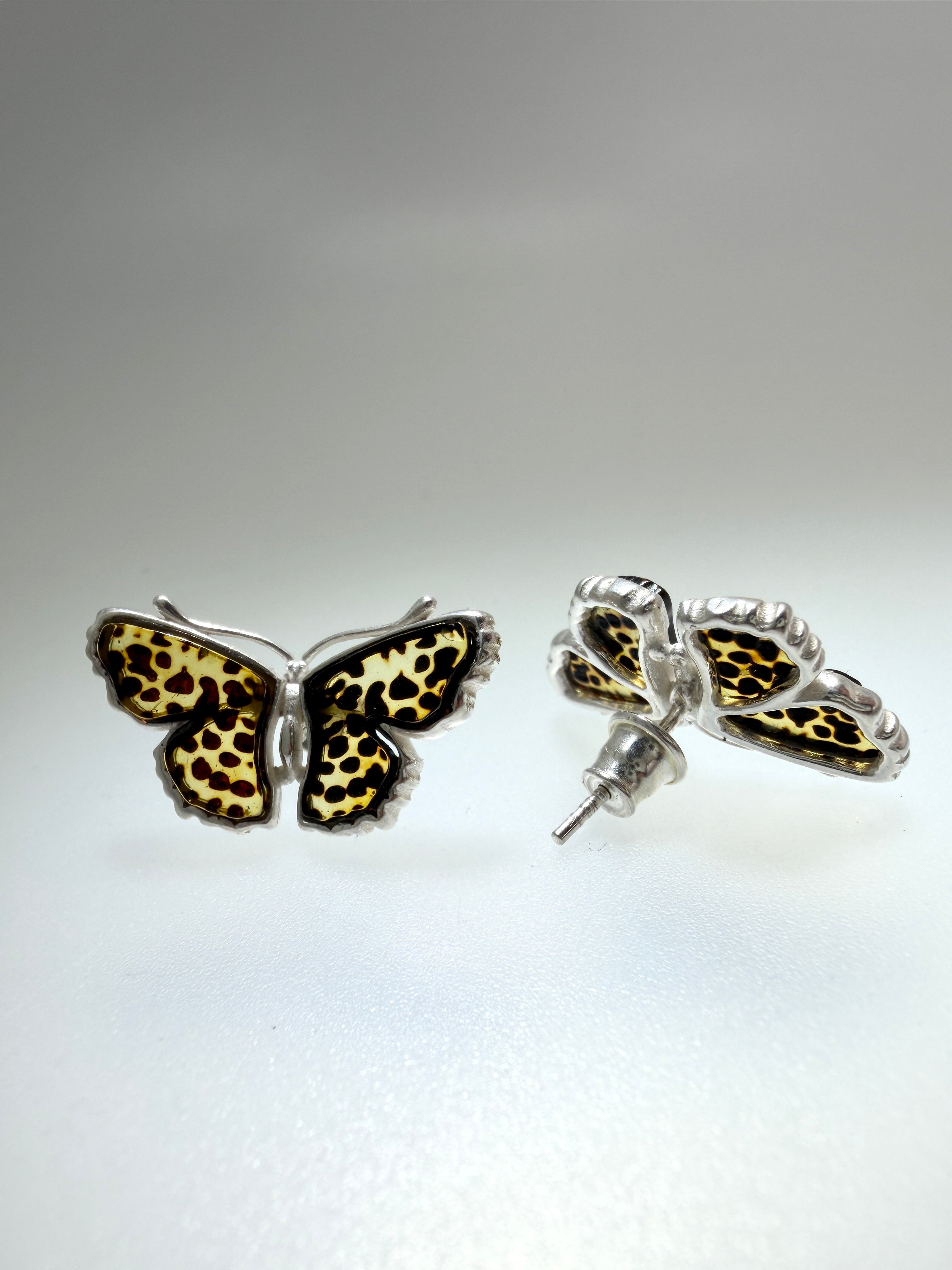 Sterling Silver Baltic Amber Butterfly Pendant | Hand-Etched Wings | Snake Chain | Handmade in Poland | Matching Earrings