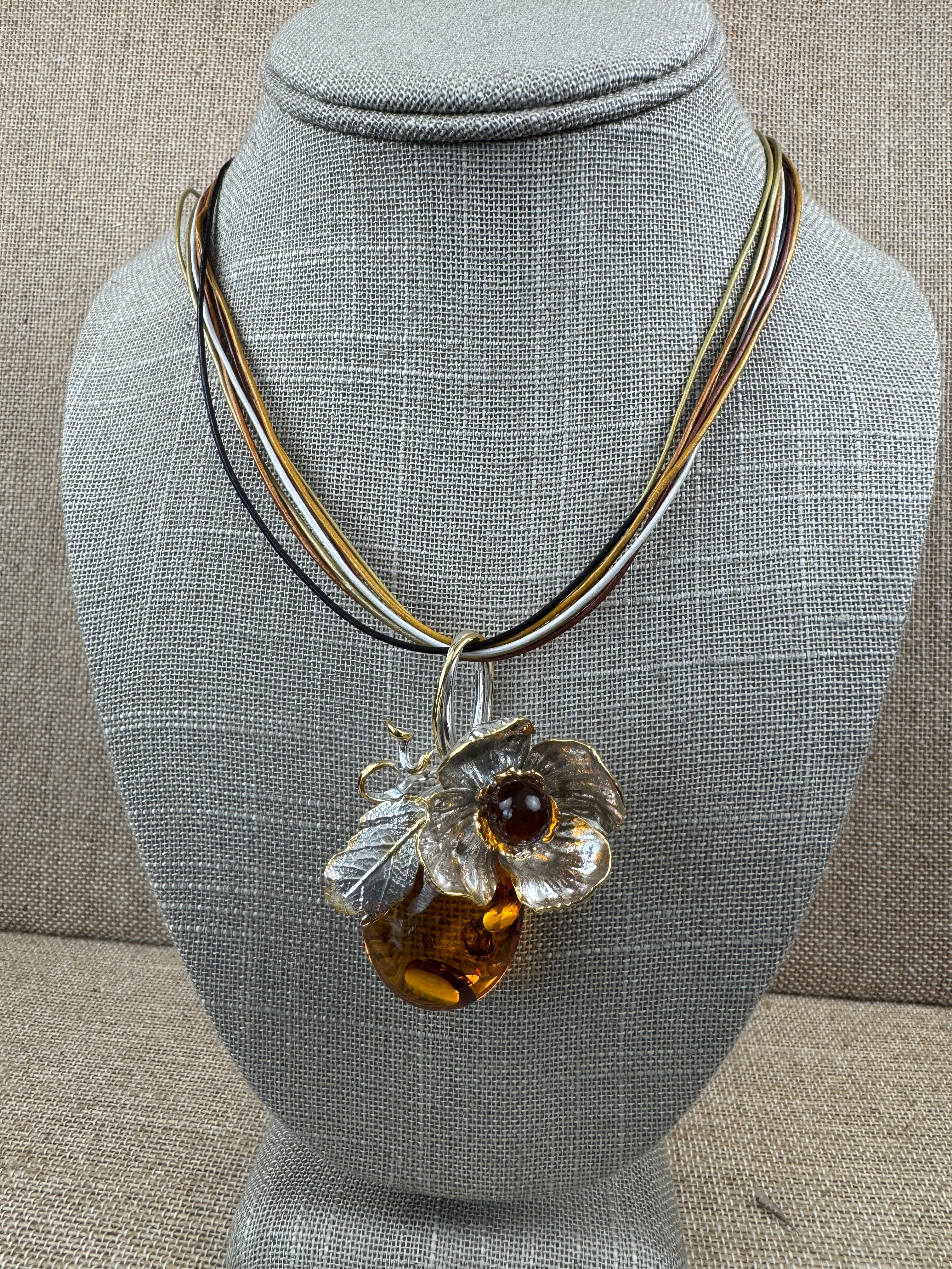 One-of-a-Kind Baltic Amber Leaf & Flower Pendant Necklace in Sterling Silver & Gold Plated Accents