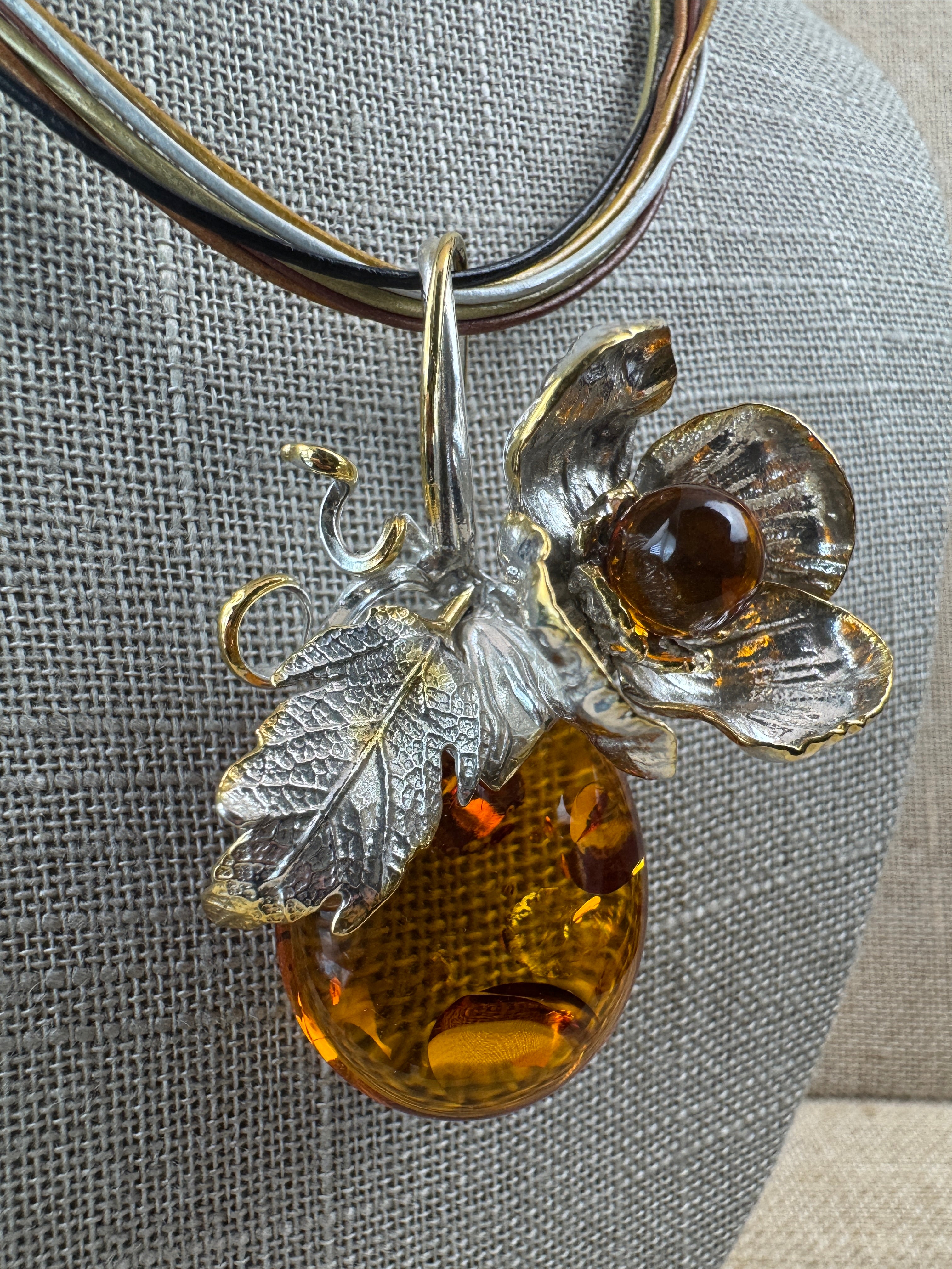 One-of-a-Kind Baltic Amber Leaf & Flower Pendant Necklace in Sterling Silver & Gold Plated Accents