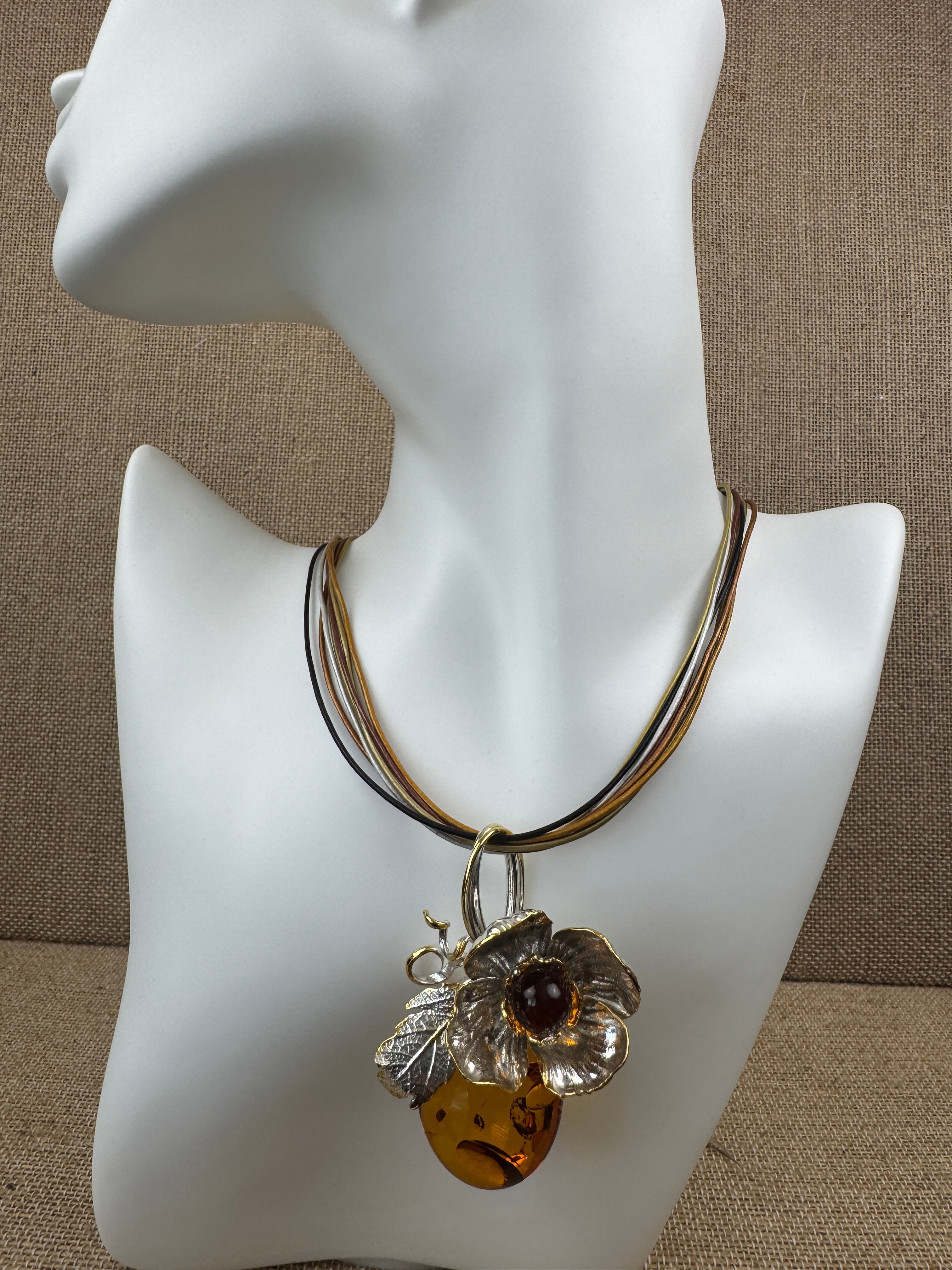 One-of-a-Kind Baltic Amber Leaf & Flower Pendant Necklace in Sterling Silver & Gold Plated Accents