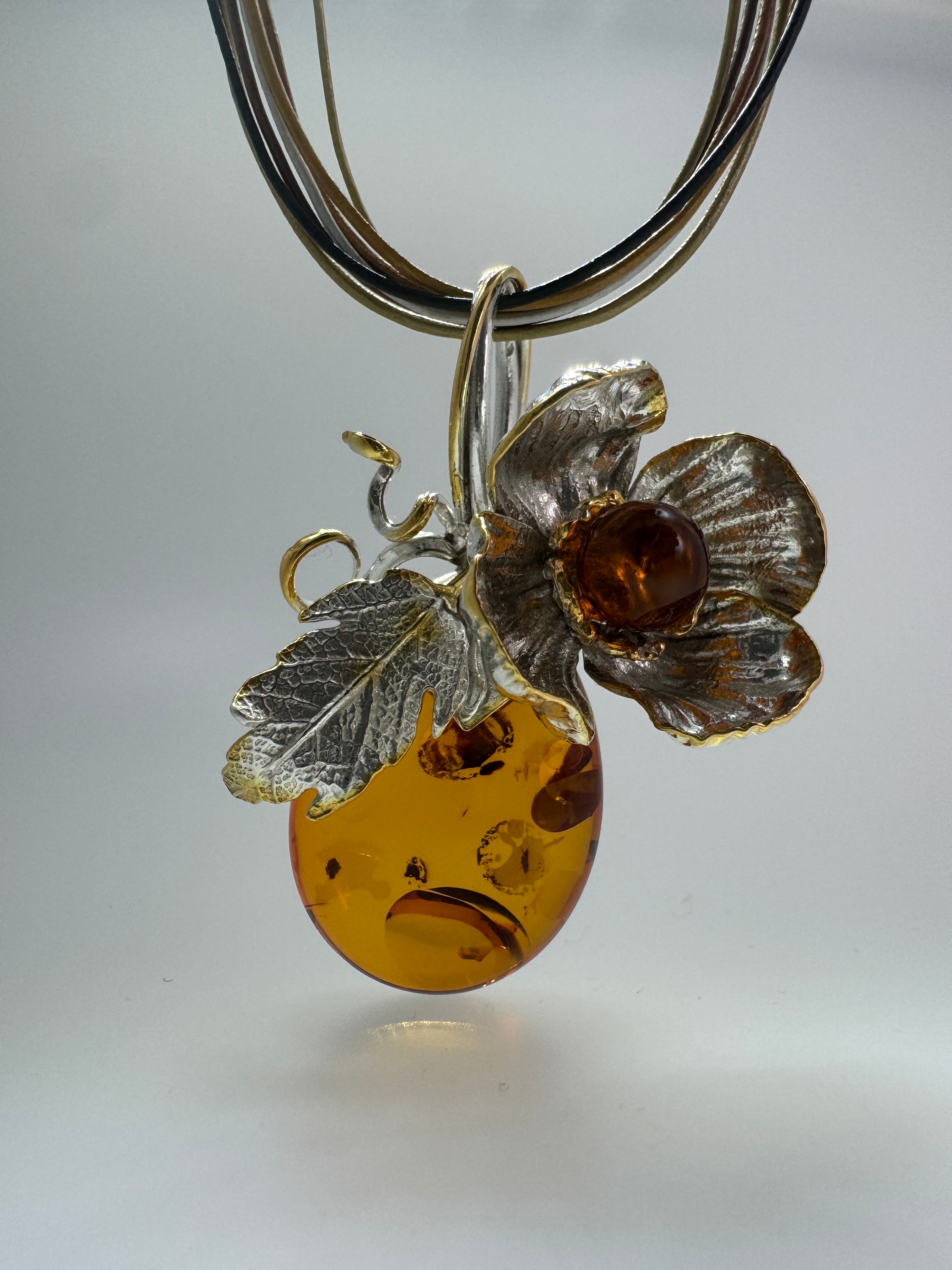 One-of-a-Kind Baltic Amber Leaf & Flower Pendant Necklace in Sterling Silver & Gold Plated Accents