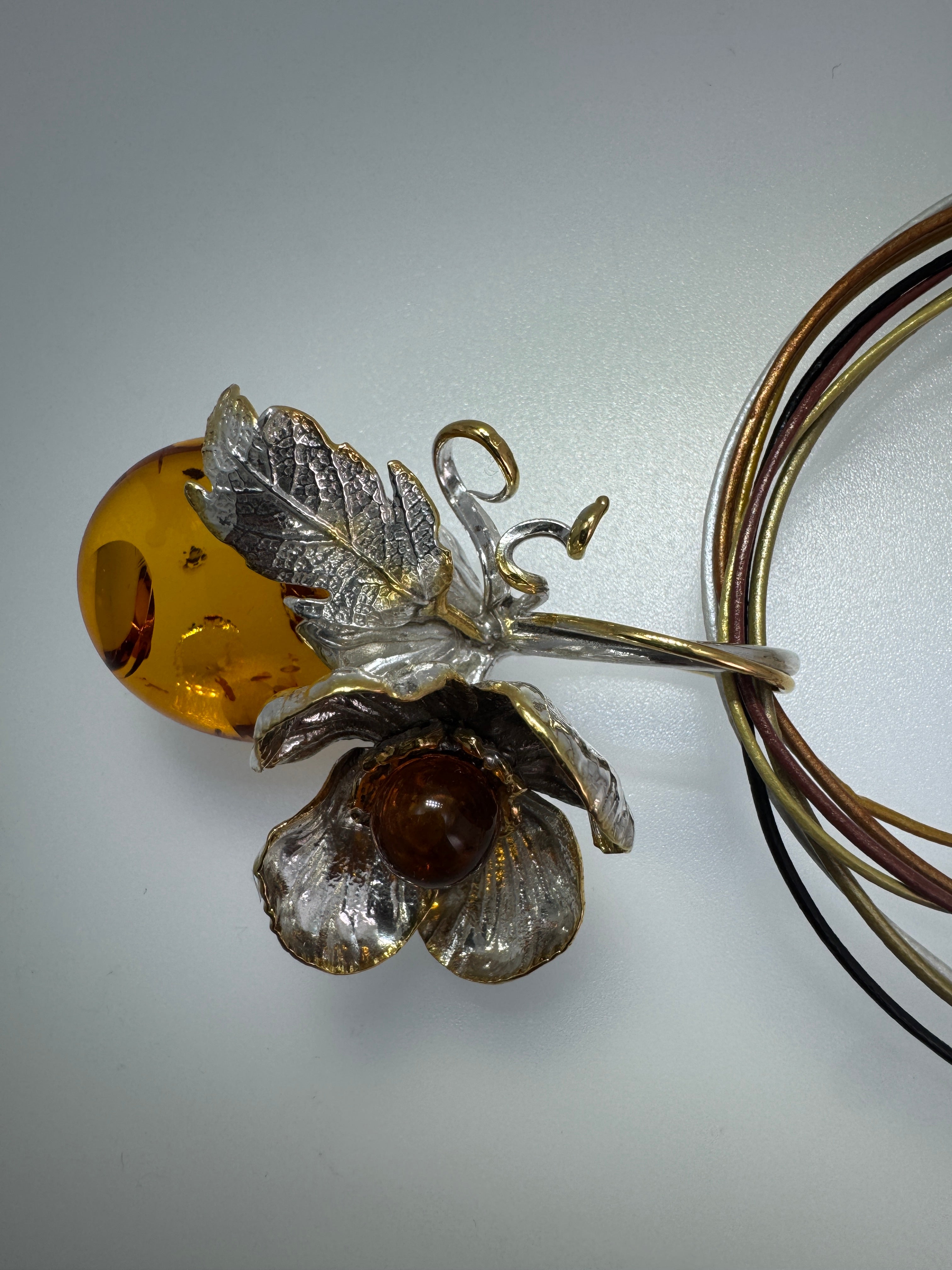 One-of-a-Kind Baltic Amber Leaf & Flower Pendant Necklace in Sterling Silver & Gold Plated Accents