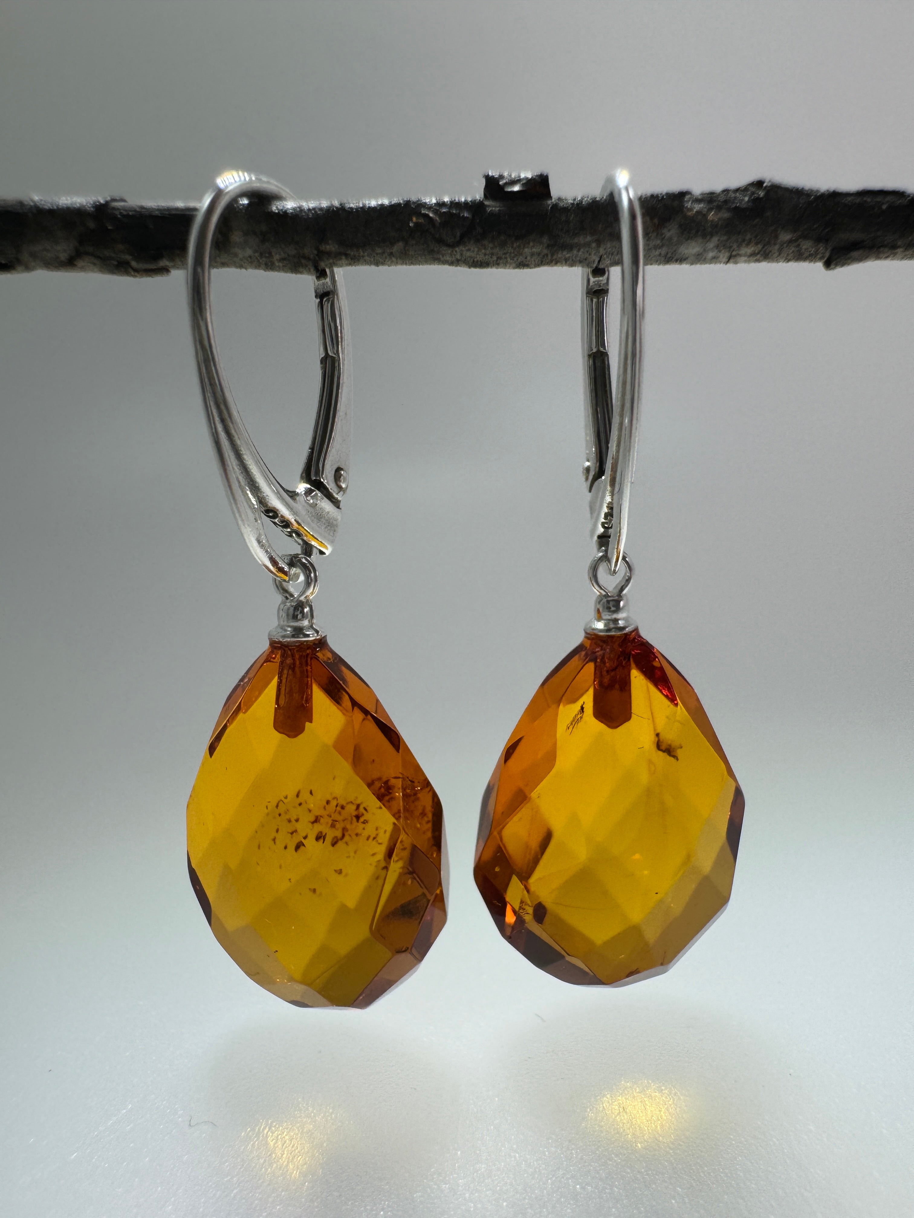Sterling Silver Drop Leverback Earrings with Faceted Amber Teardrops – Genuine Cognac Baltic Amber