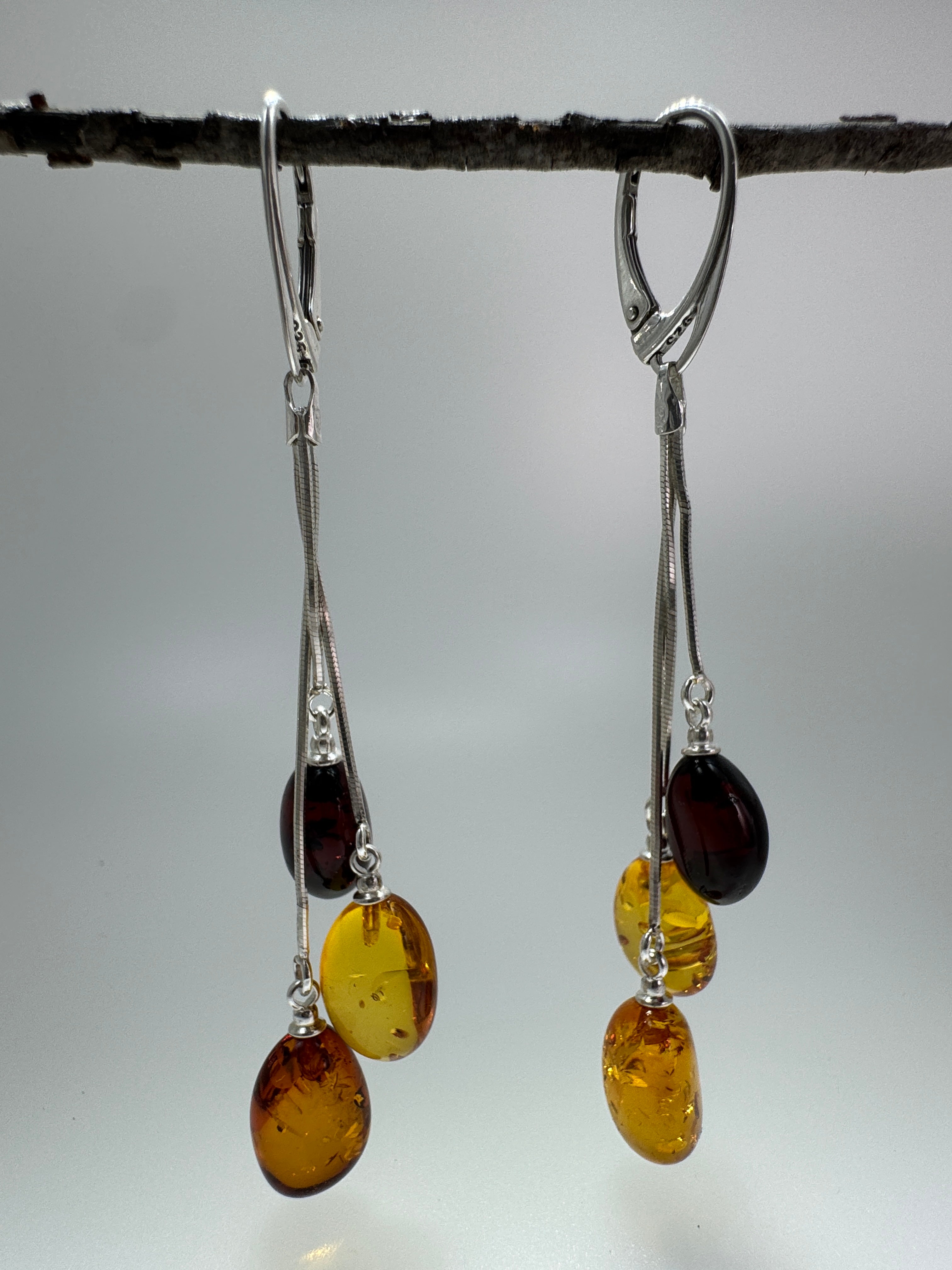 Baltic Amber Trio Drop Earrings | Handmade in Lithuania | Sterling Silver Lever Back Design