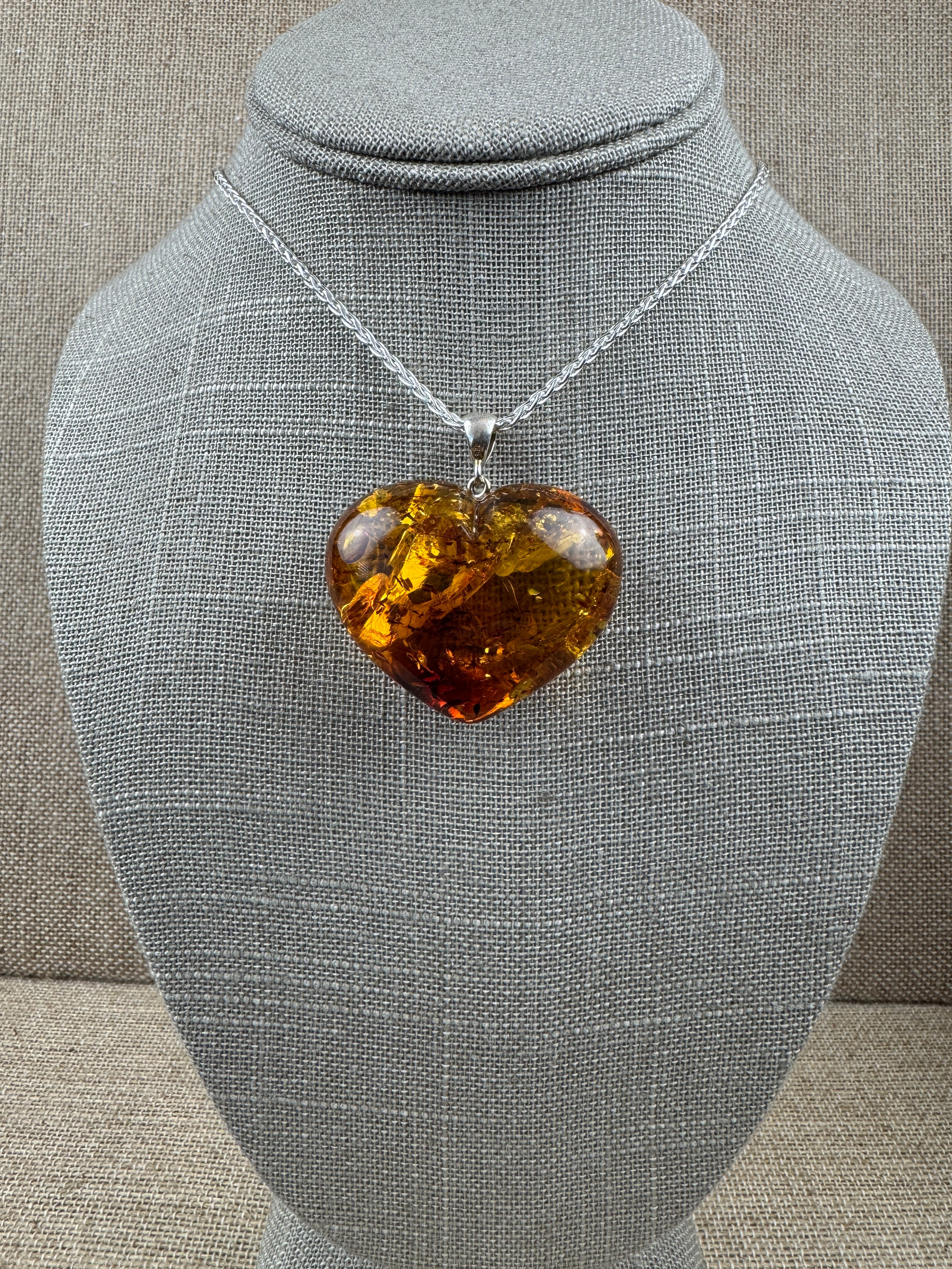 One-of-a-Kind Puffy Baltic Amber Heart Pendant | Handmade | Oversized Statement Necklace on Silver Chain