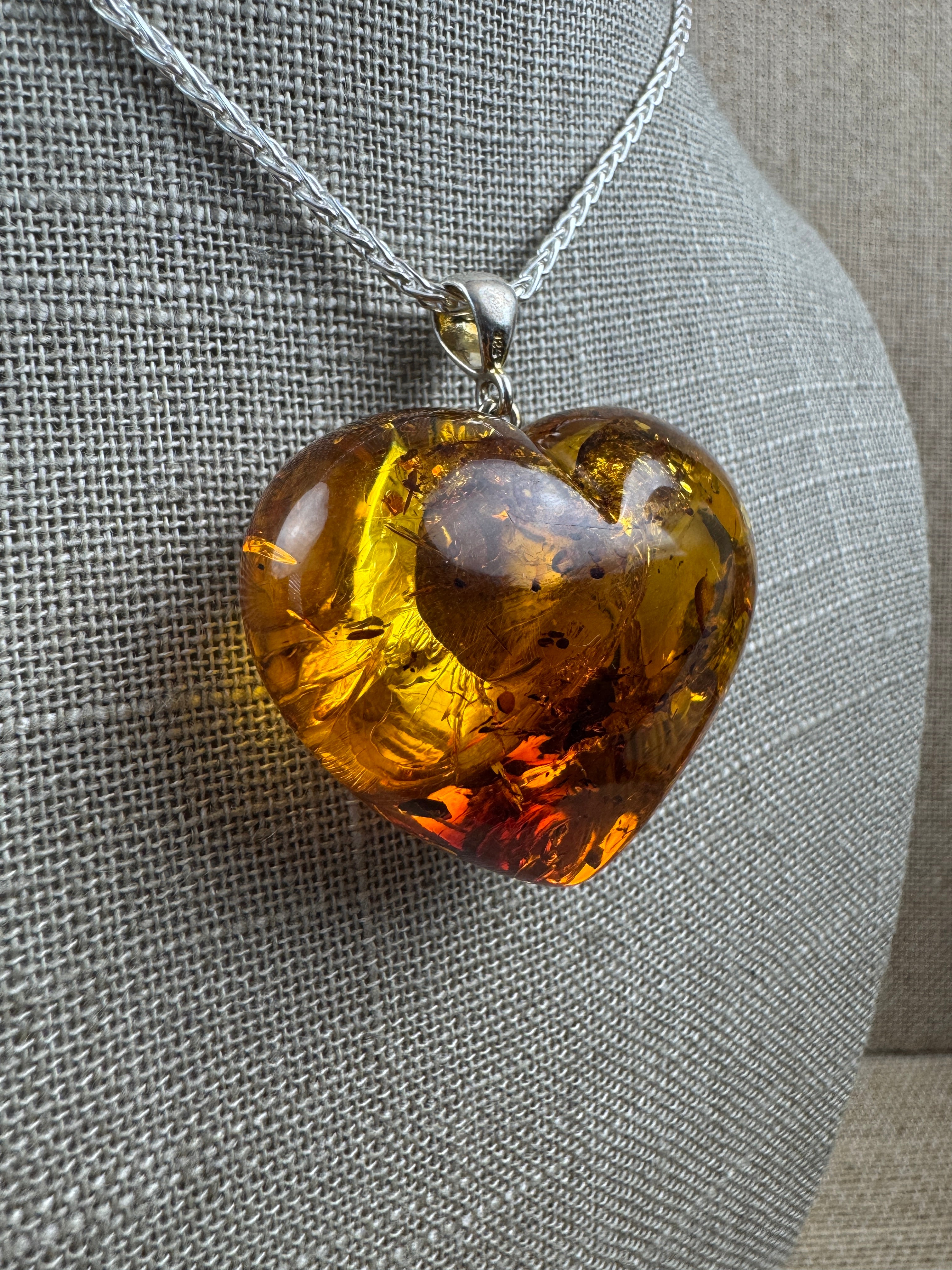 One-of-a-Kind Puffy Baltic Amber Heart Pendant | Handmade | Oversized Statement Necklace on Silver Chain