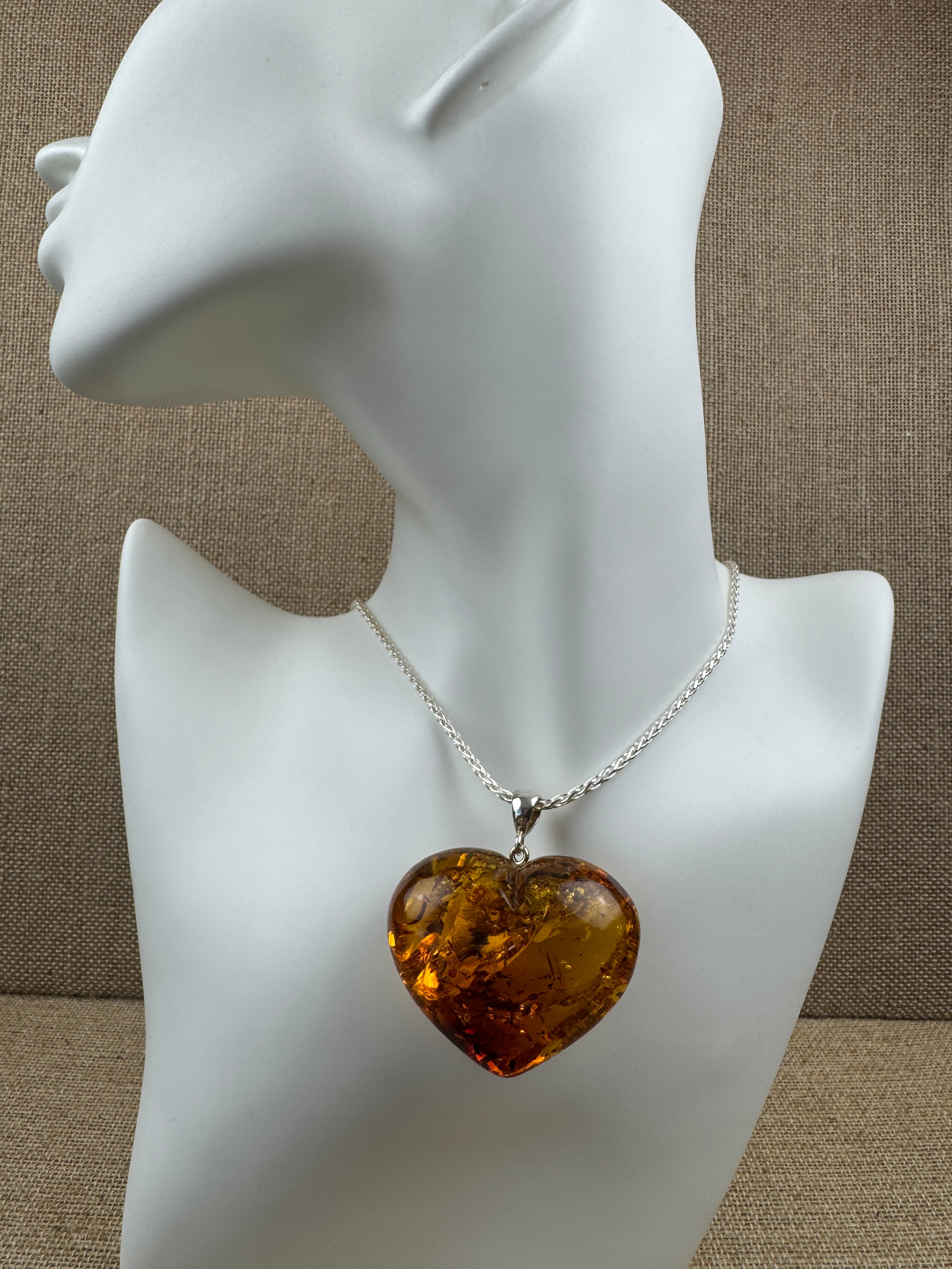 One-of-a-Kind Puffy Baltic Amber Heart Pendant | Handmade | Oversized Statement Necklace on Silver Chain