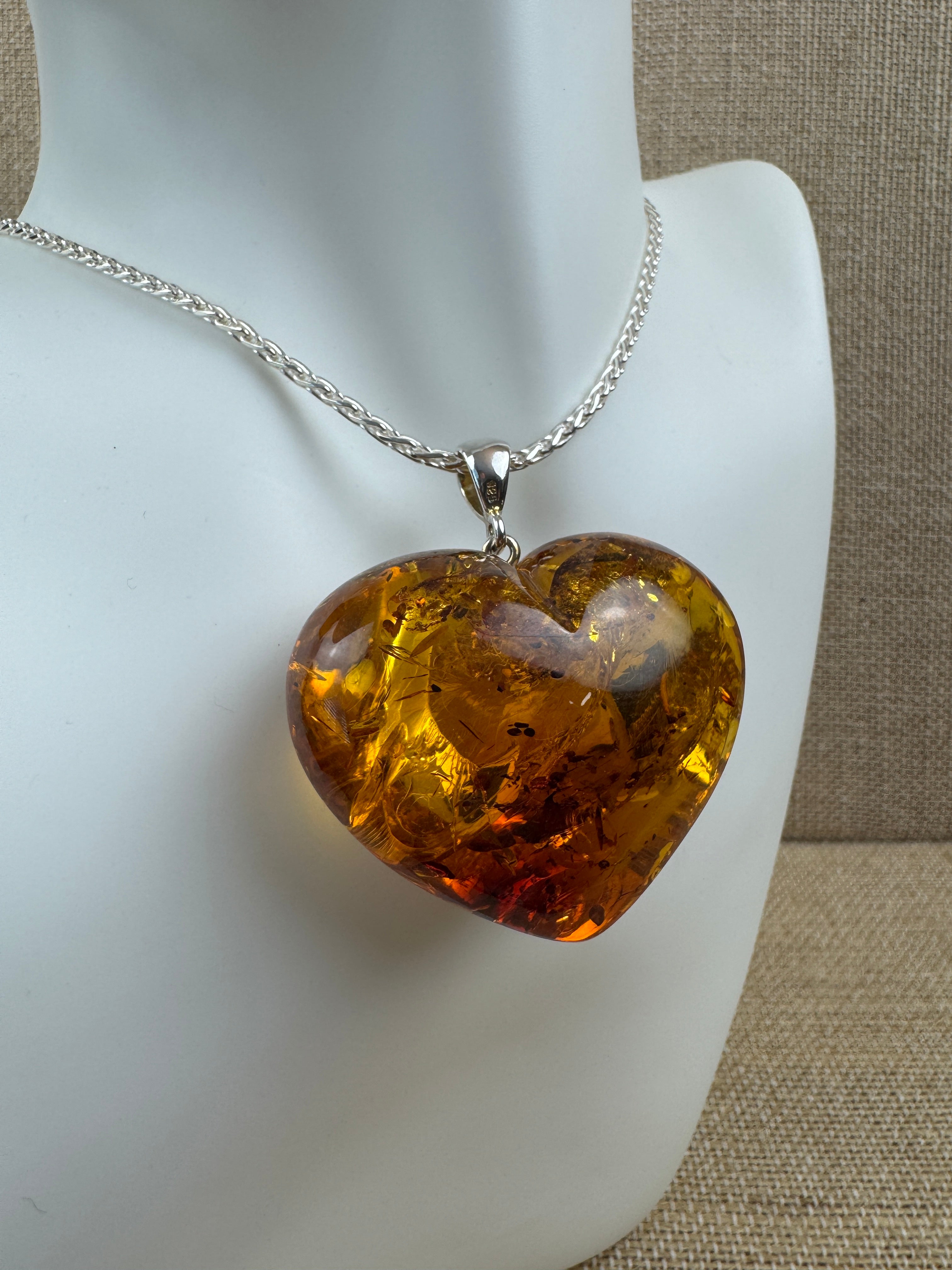 One-of-a-Kind Puffy Baltic Amber Heart Pendant | Handmade | Oversized Statement Necklace on Silver Chain