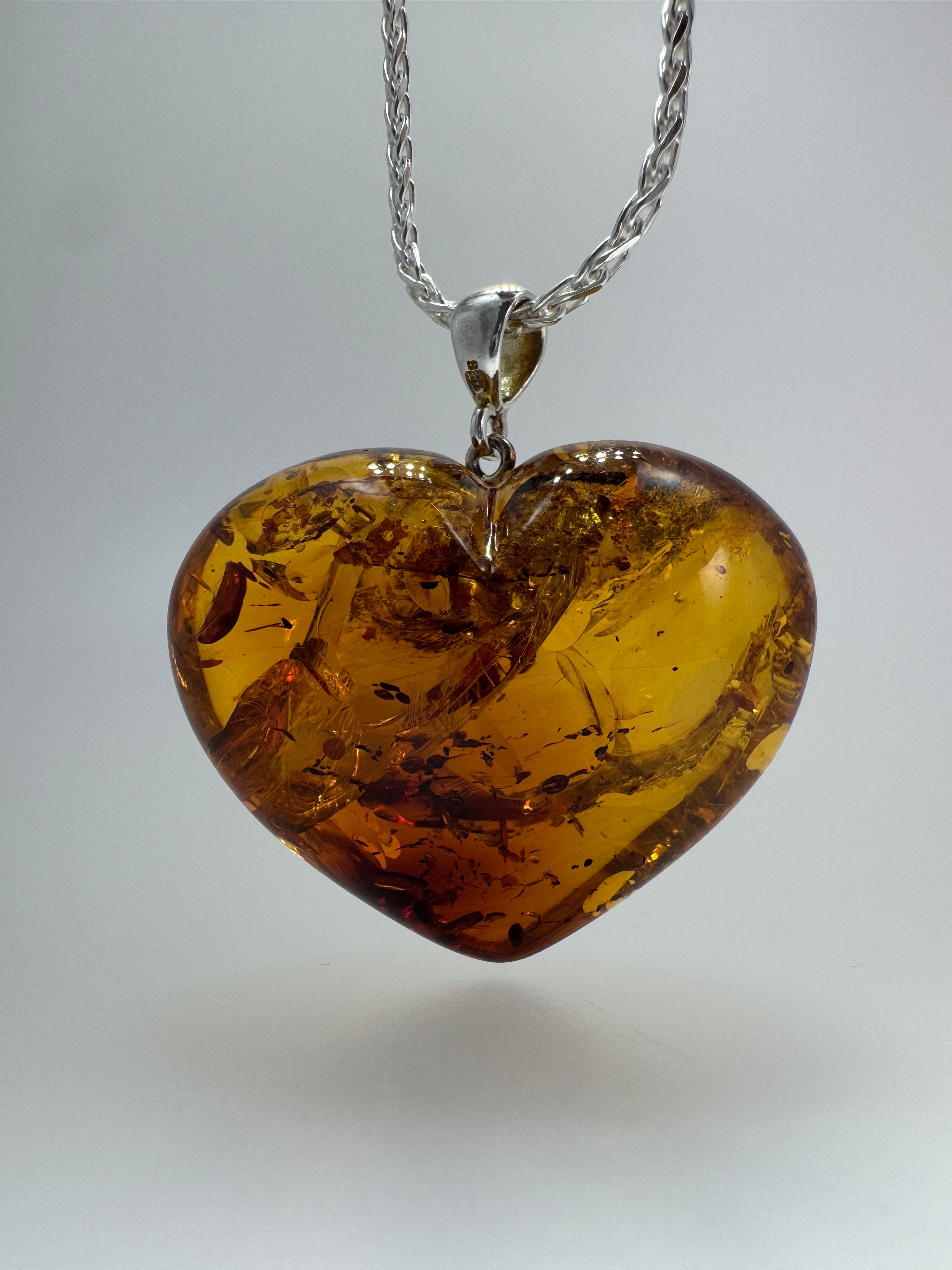 One-of-a-Kind Puffy Baltic Amber Heart Pendant | Handmade | Oversized Statement Necklace on Silver Chain