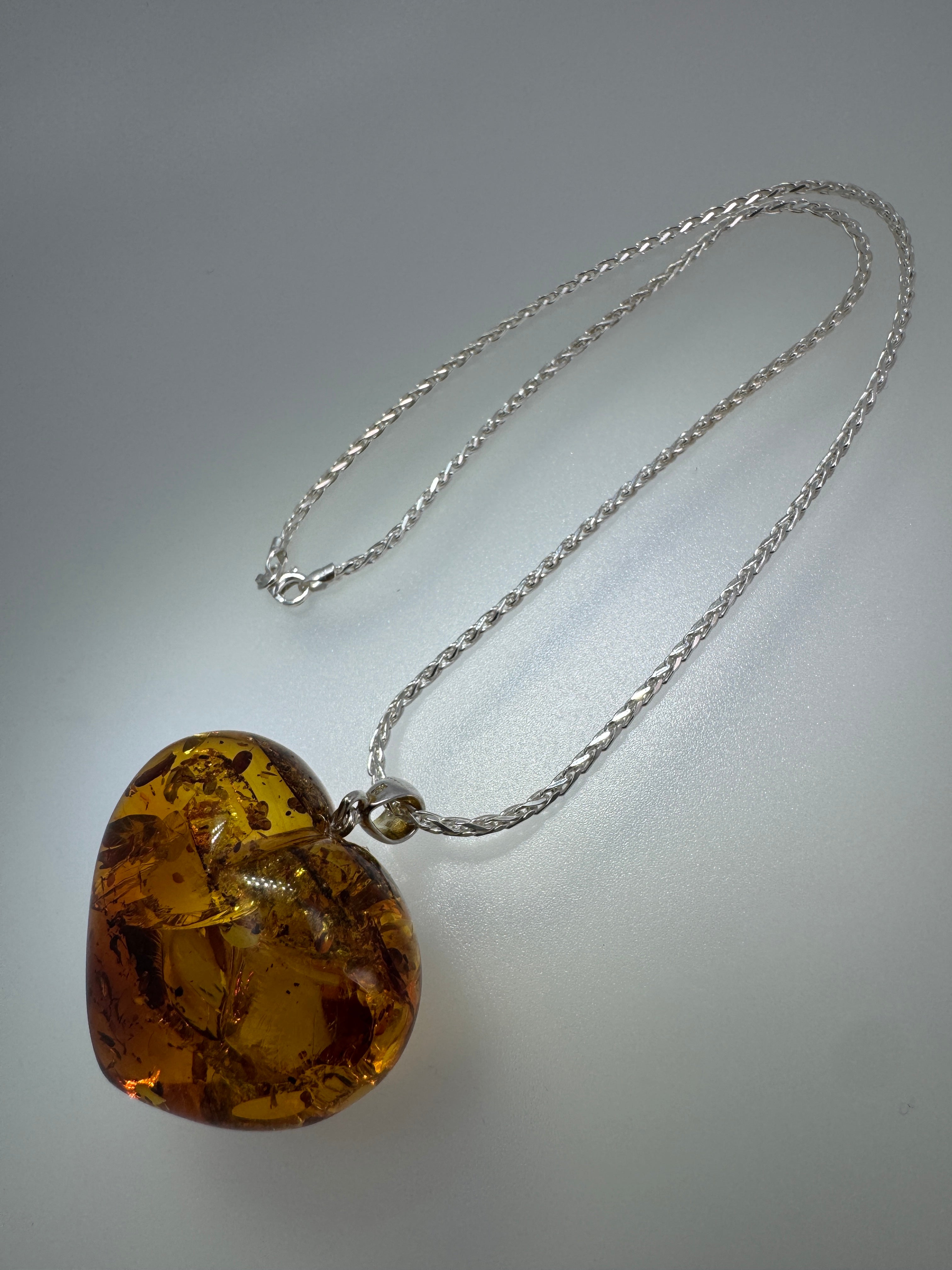 One-of-a-Kind Puffy Baltic Amber Heart Pendant | Handmade | Oversized Statement Necklace on Silver Chain