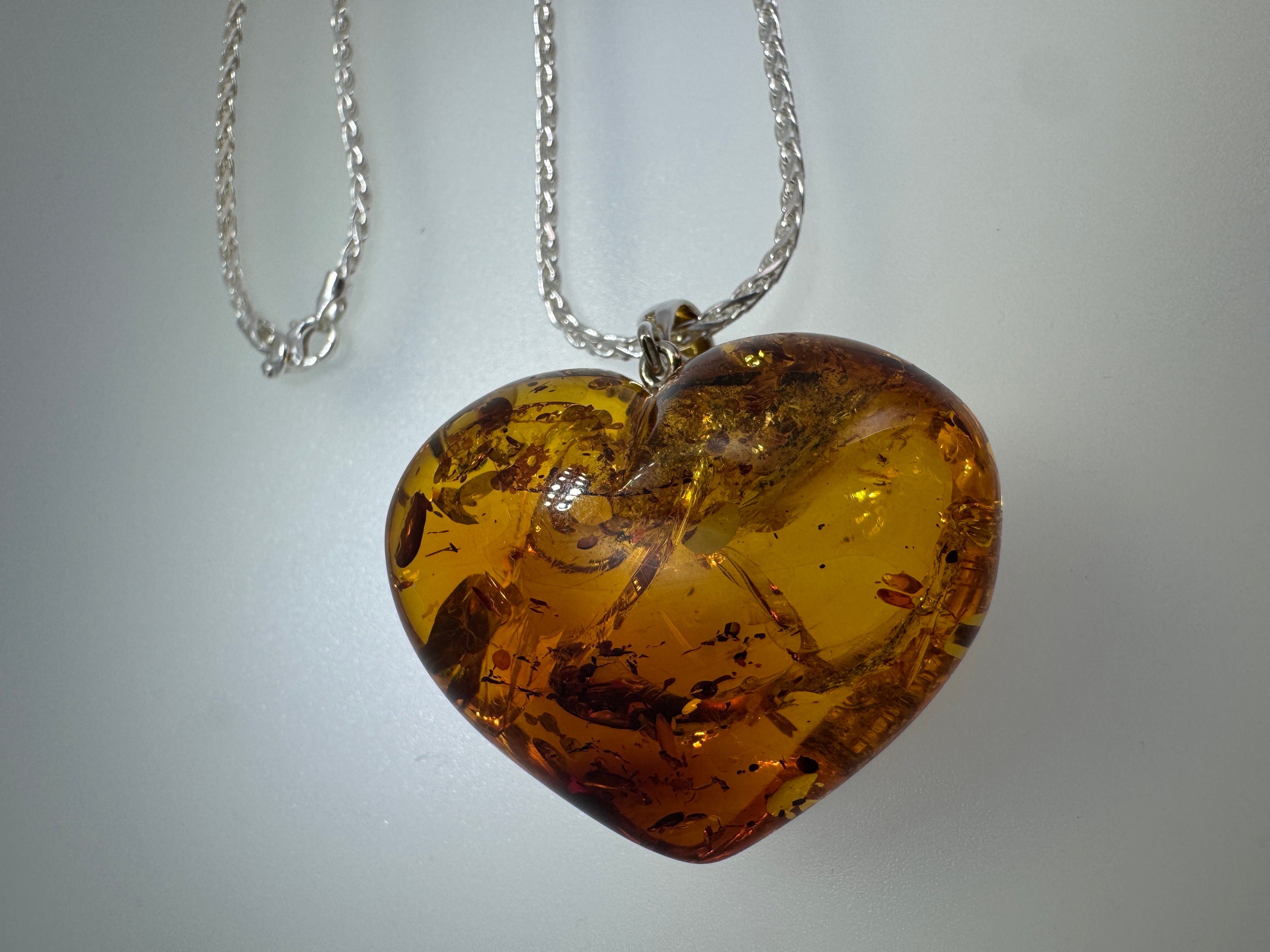 One-of-a-Kind Puffy Baltic Amber Heart Pendant | Handmade | Oversized Statement Necklace on Silver Chain