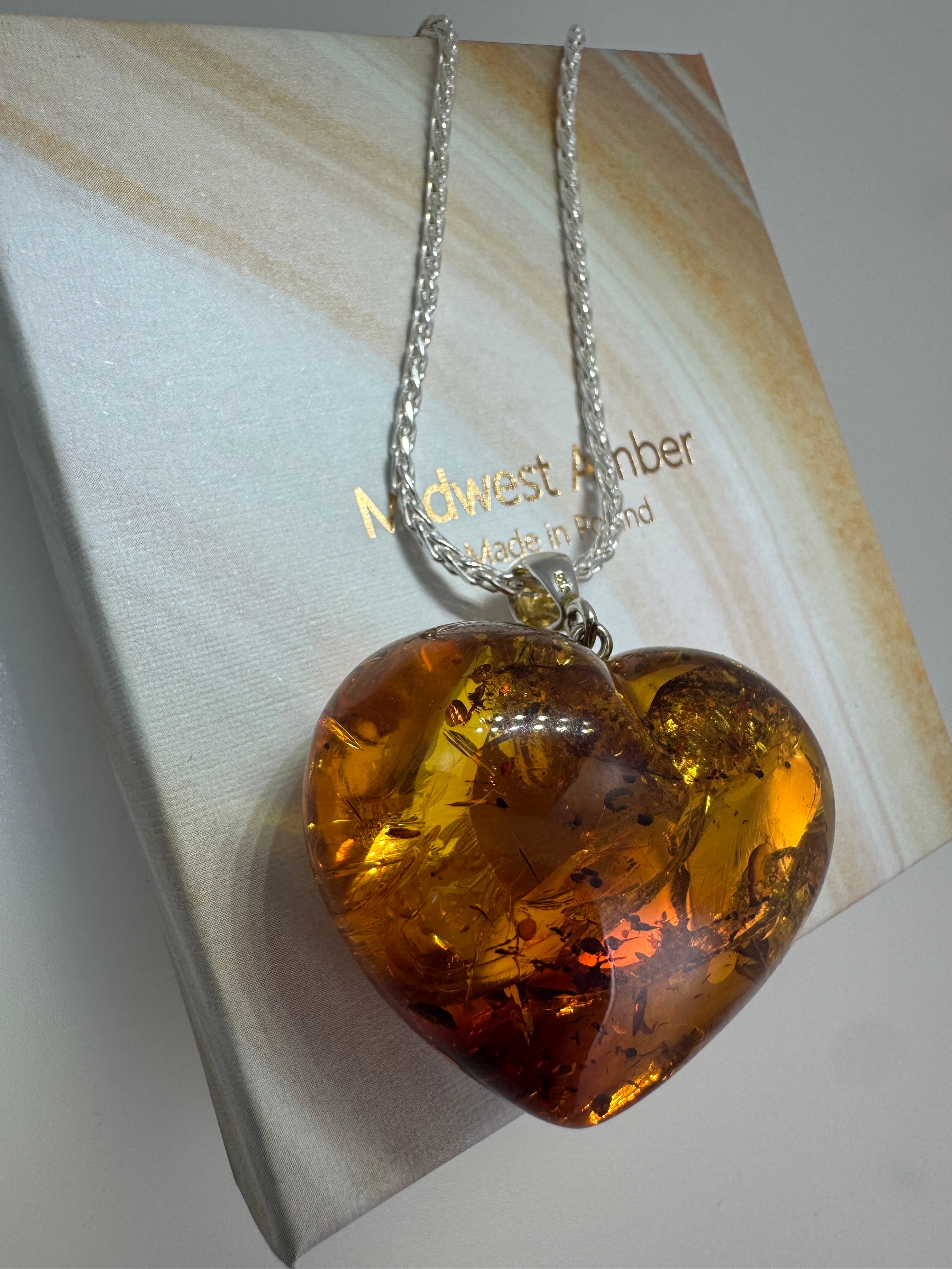 One-of-a-Kind Puffy Baltic Amber Heart Pendant | Handmade | Oversized Statement Necklace on Silver Chain