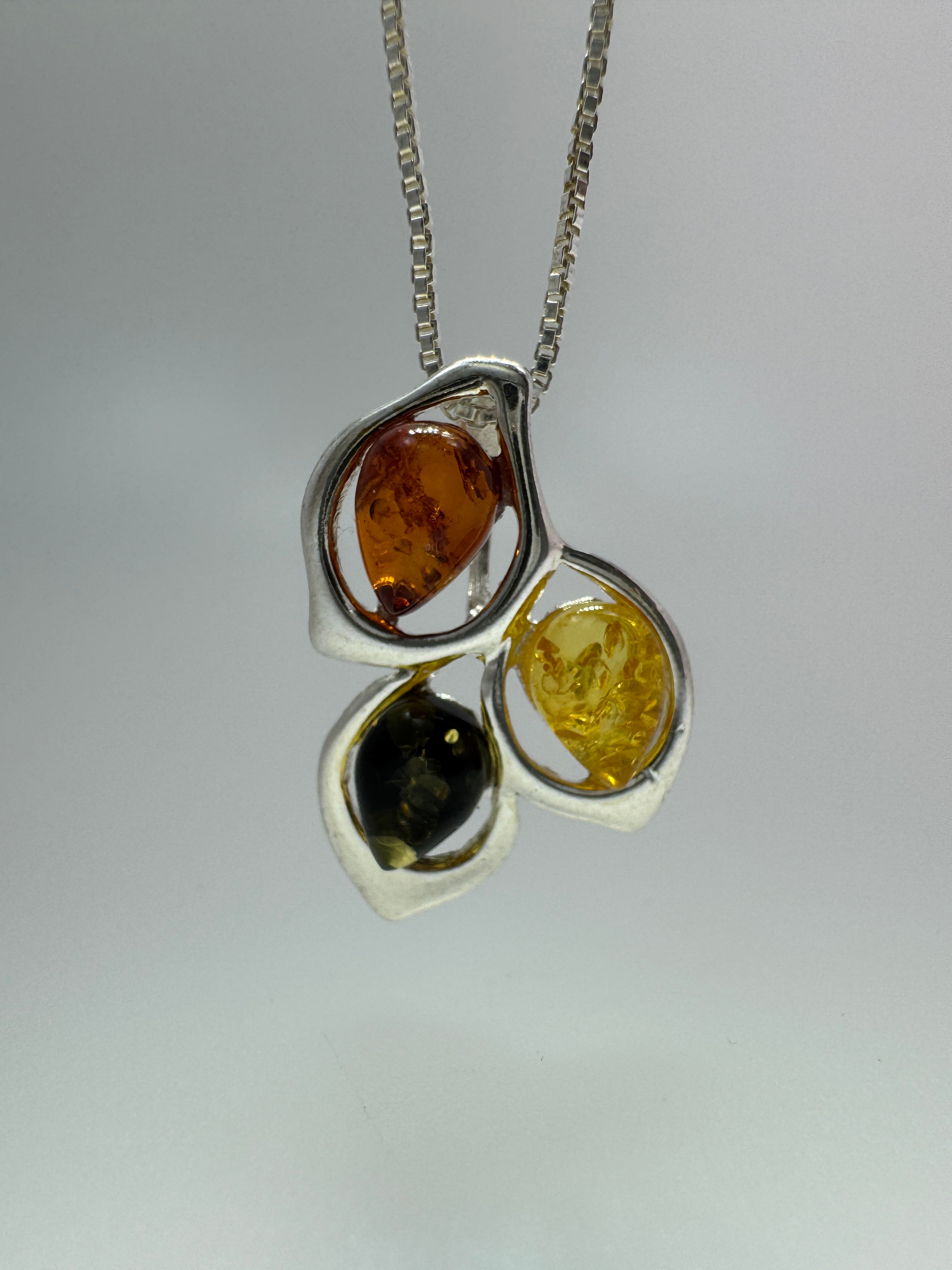 Trio of Light: Multicolor Baltic Amber Pendant on silver box chain