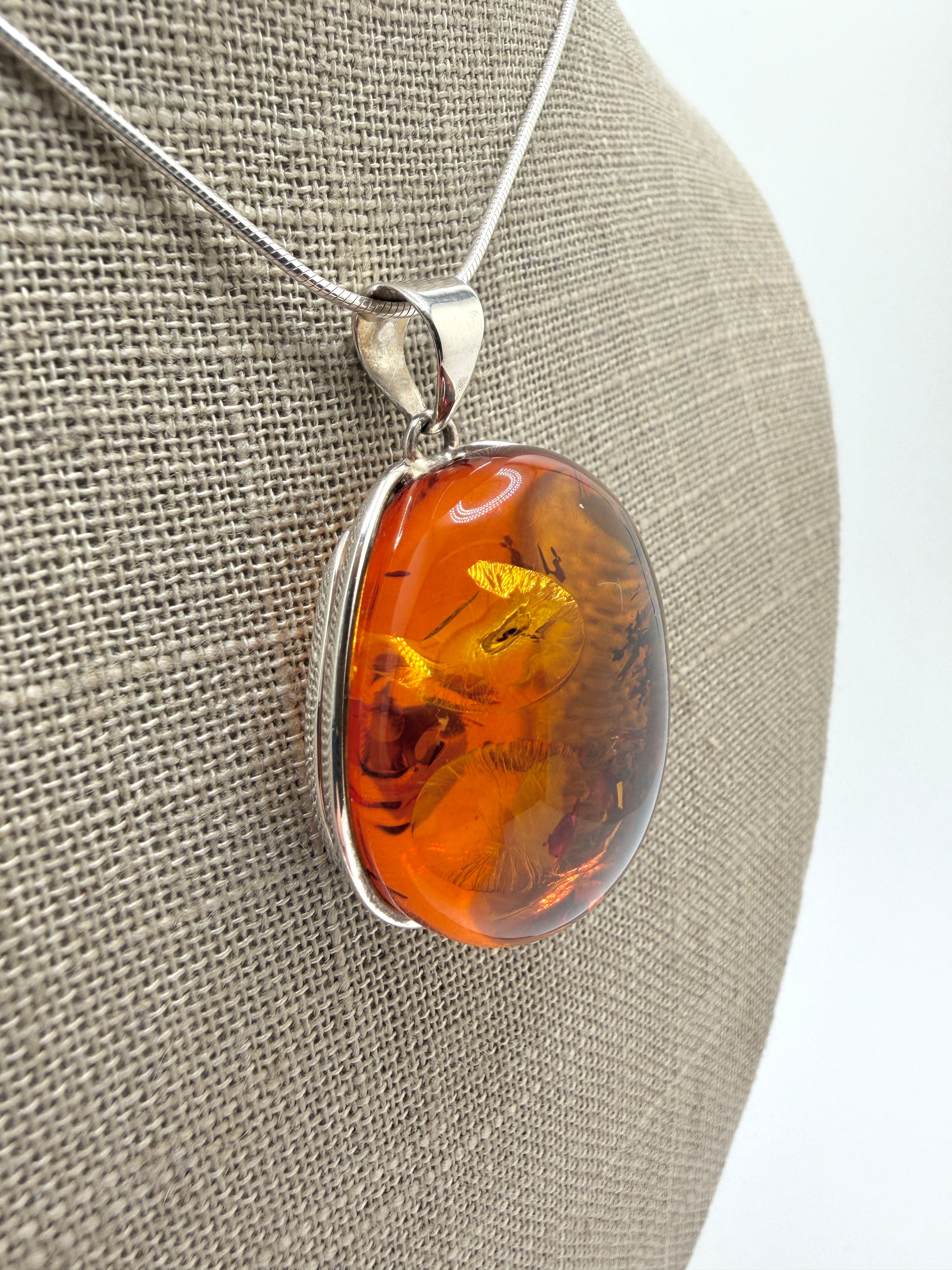 Sterling Silver Genuine Baltic Amber Oval Pendant Necklace - Made in Poland