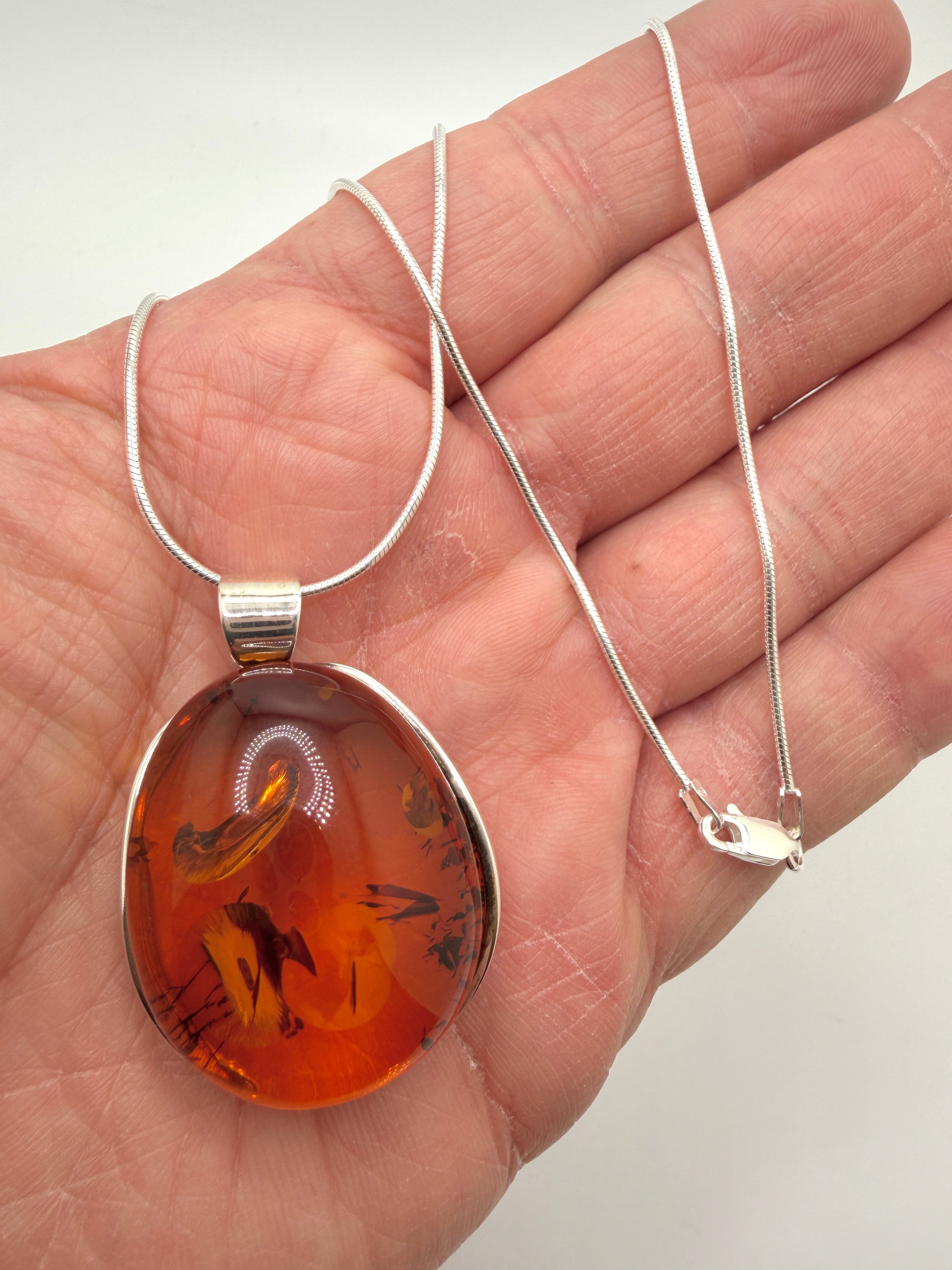 Sterling Silver Genuine Baltic Amber Oval Pendant Necklace - Made in Poland
