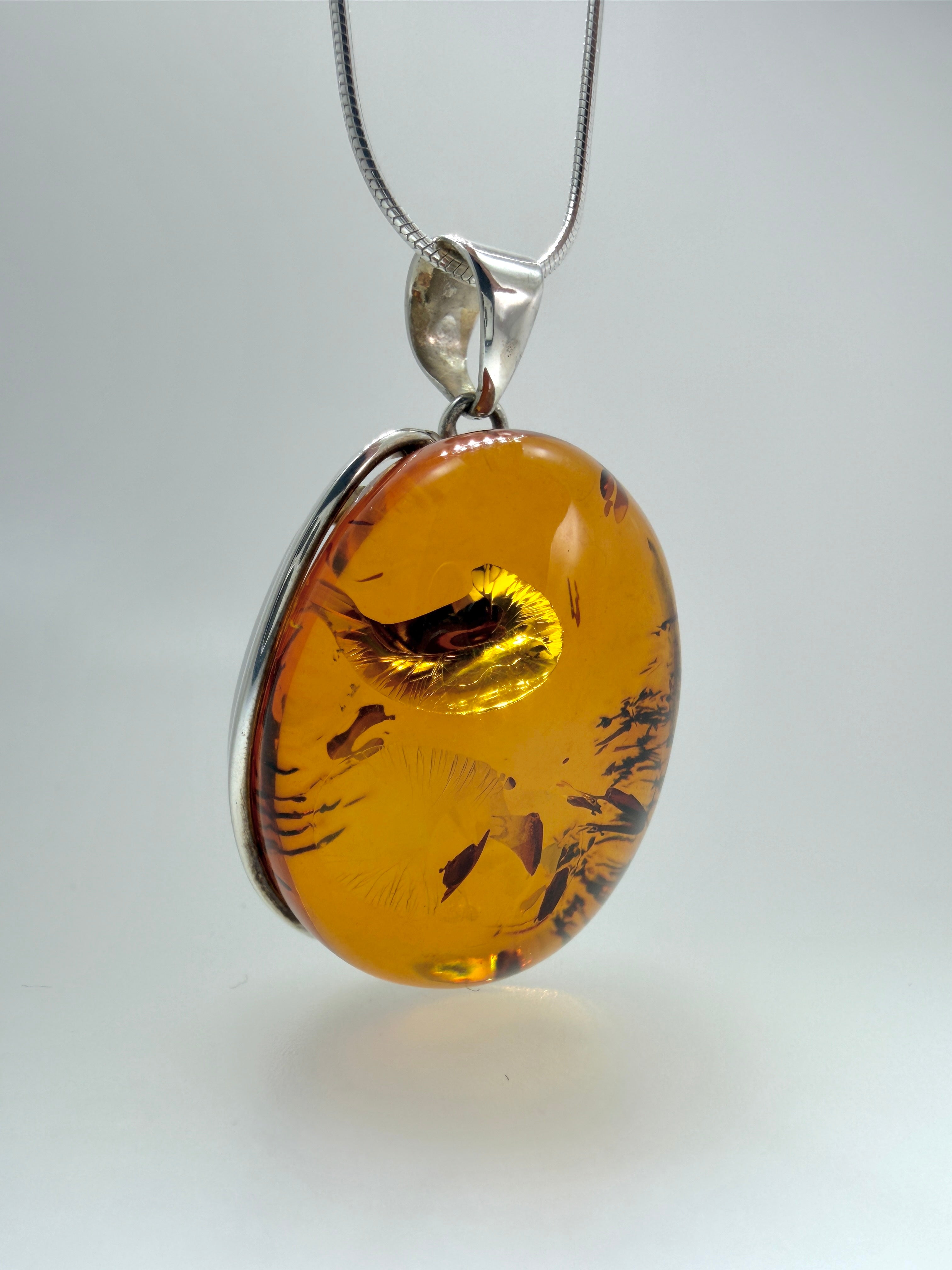 Sterling Silver Genuine Baltic Amber Oval Pendant Necklace - Made in Poland