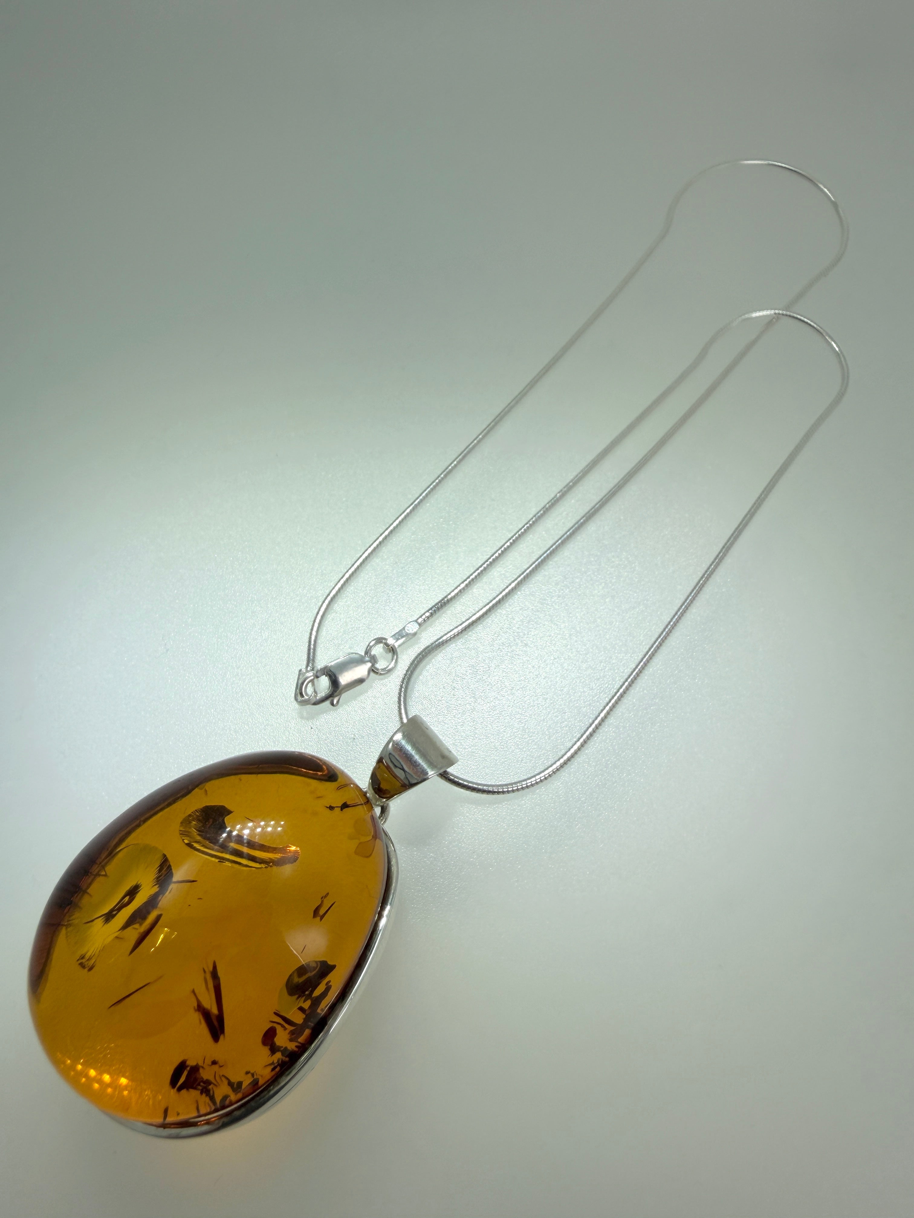 Sterling Silver Genuine Baltic Amber Oval Pendant Necklace - Made in Poland