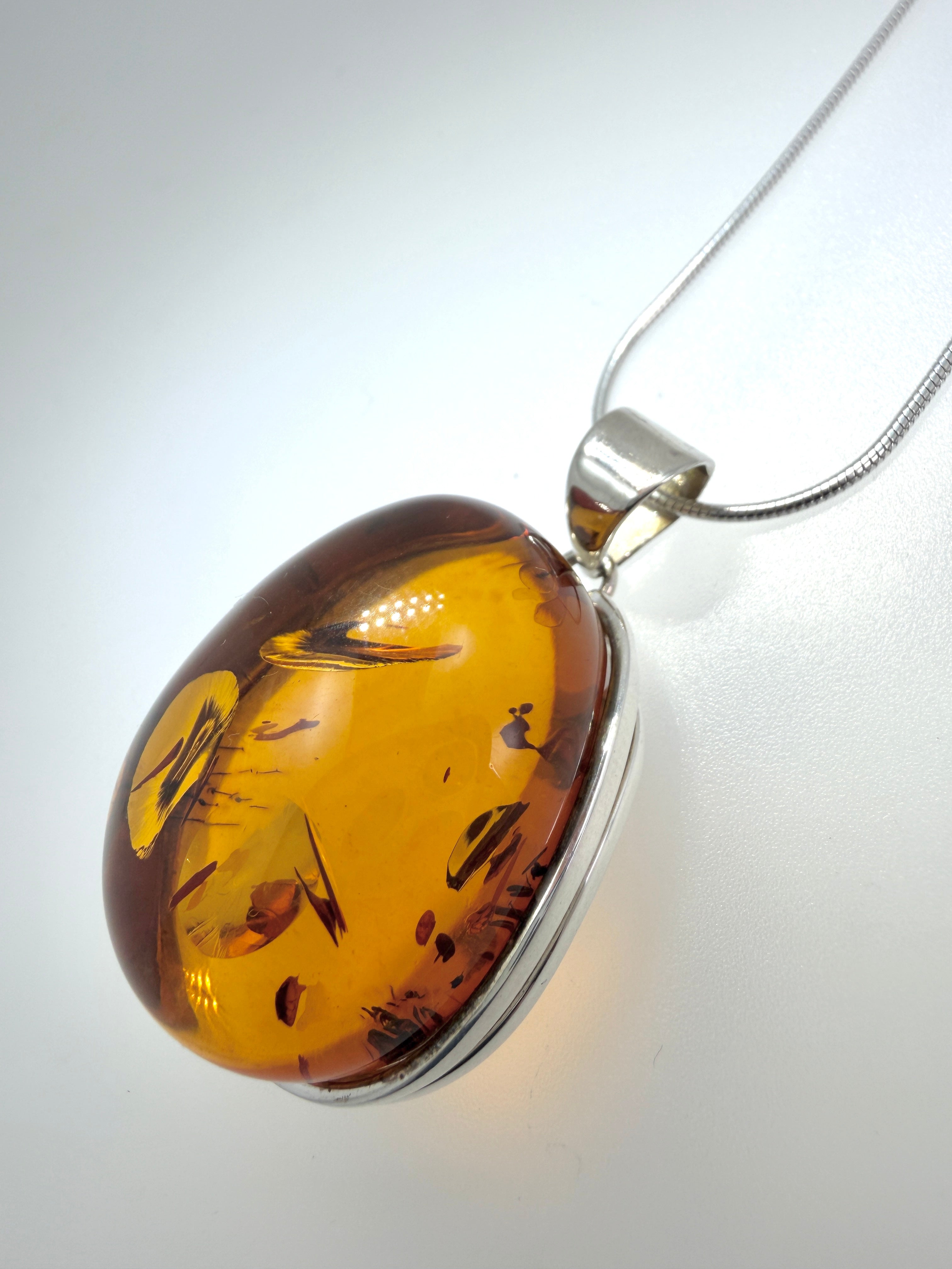 Sterling Silver Genuine Baltic Amber Oval Pendant Necklace - Made in Poland