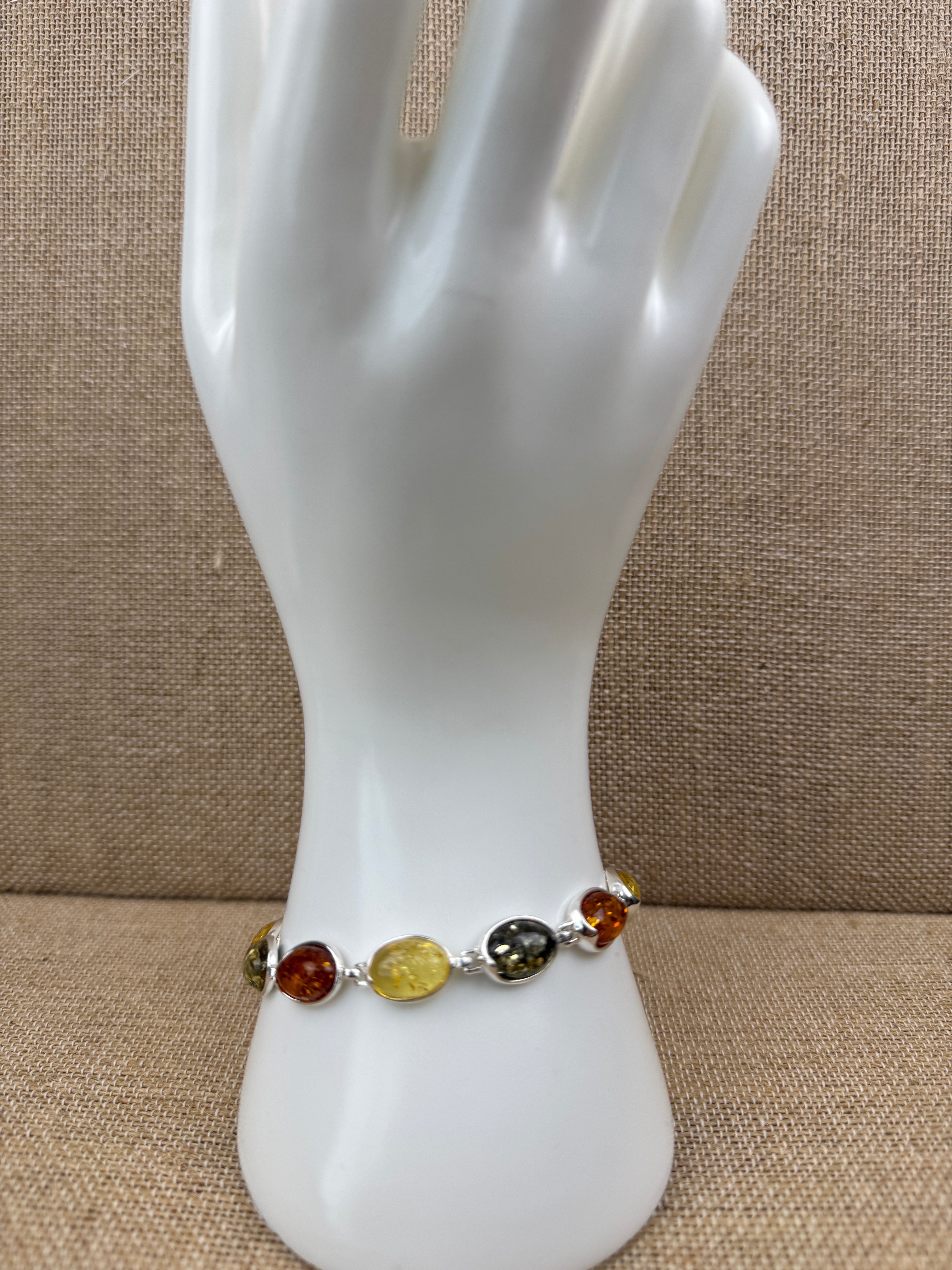 Sterling Silver Multicolor Baltic Amber Bracelet – Lemon, Cognac & Green Oval Link Jewelry, Adjustable 7.25” to 8.75” Handmade in Poland