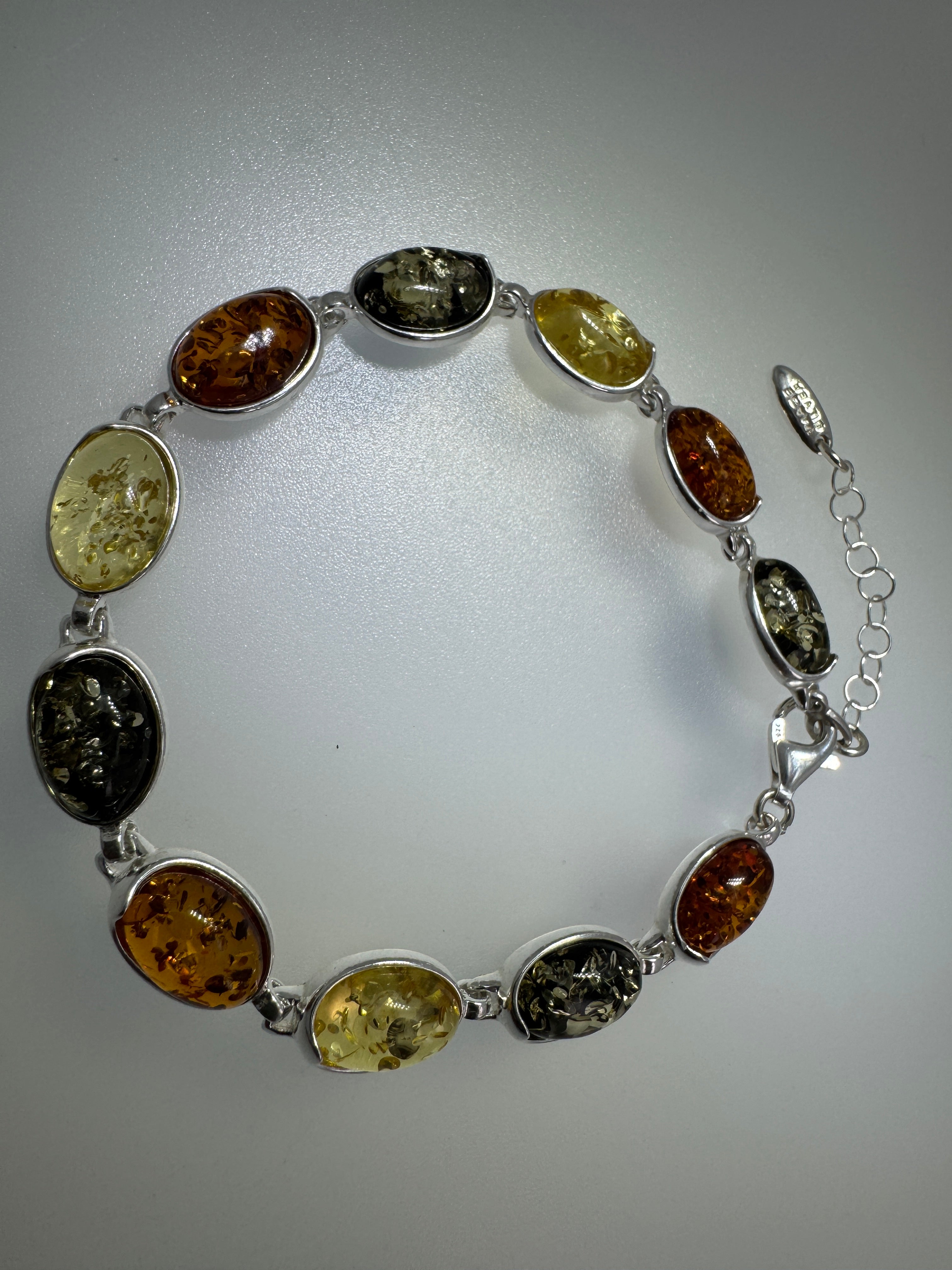 Sterling Silver Multicolor Baltic Amber Bracelet – Lemon, Cognac & Green Oval Link Jewelry, Adjustable 7.25” to 8.75” Handmade in Poland