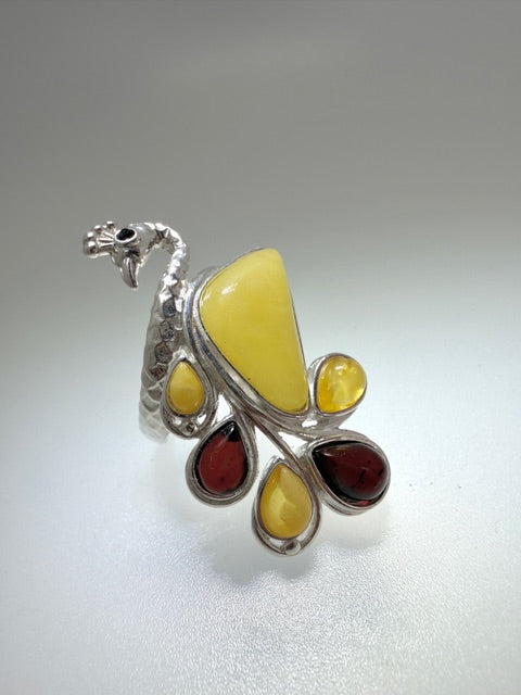 Sterling Silver Multicolor Baltic Amber Peacock Cocktail Ring - Adjustable Open Shank